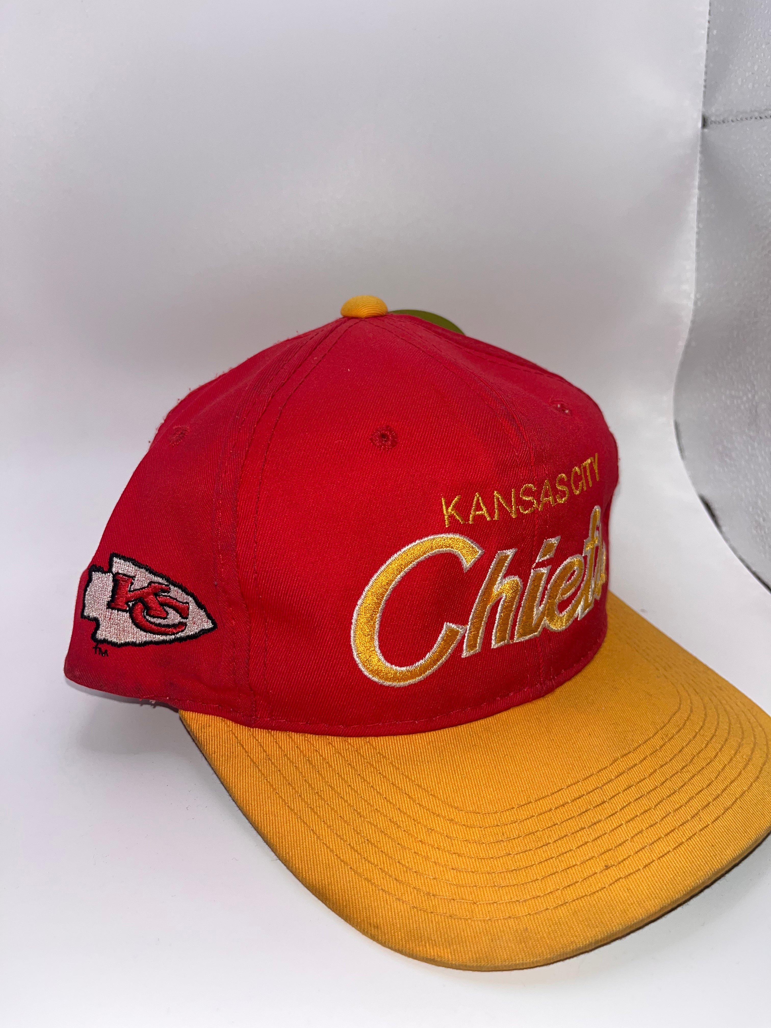 Vintage Kansas City Chiefs NFL Script Sports Specialties Red Yellow Snapback Hat