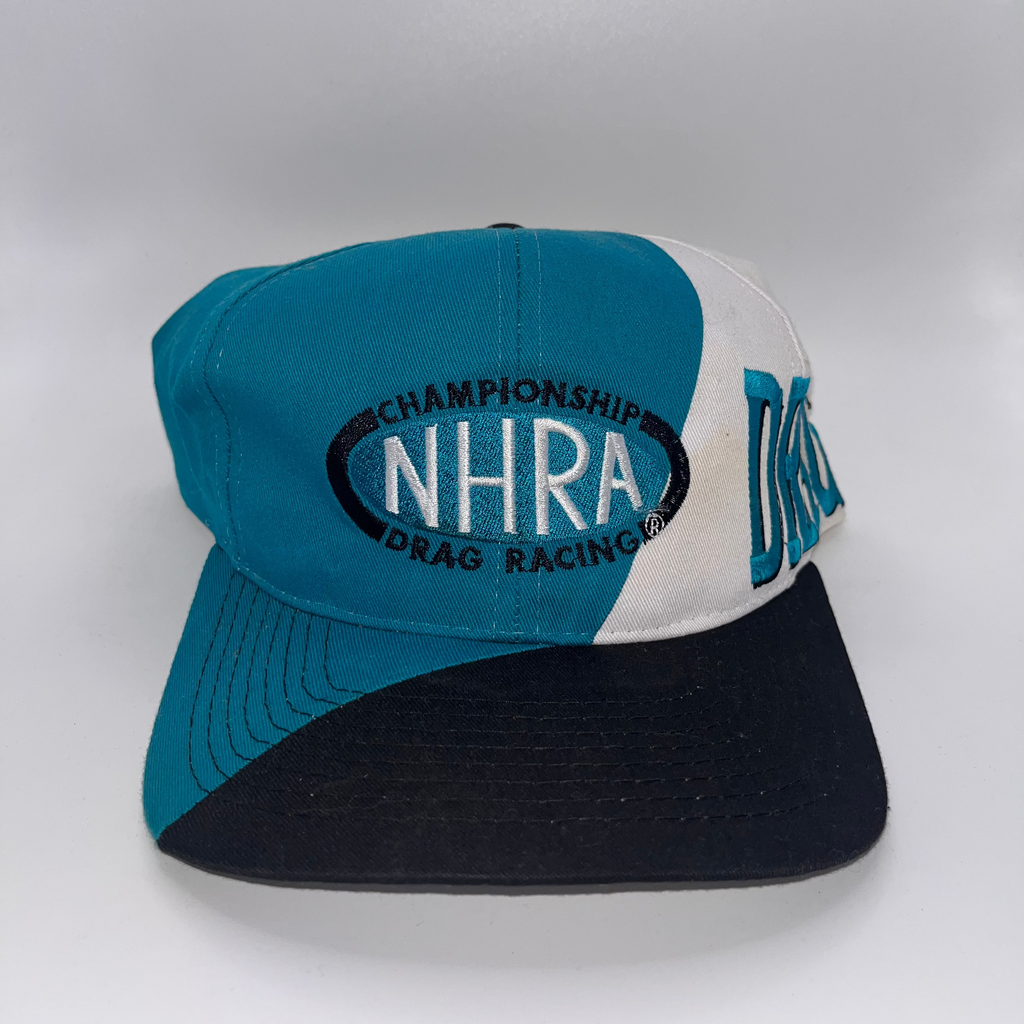 Vintage NHRA Drag Racing Swirl Embroidery Teal Snapback Hat