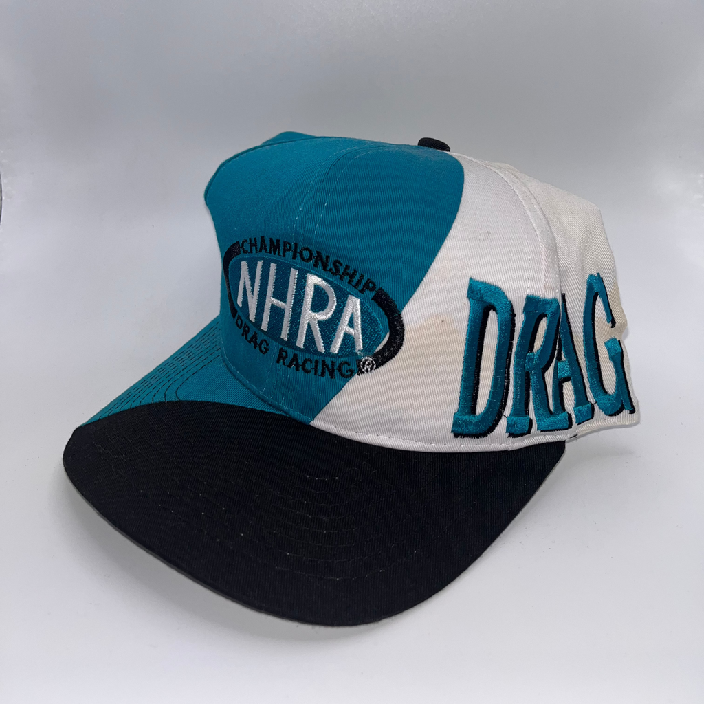 Vintage NHRA Drag Racing Swirl Embroidery Teal Snapback Hat