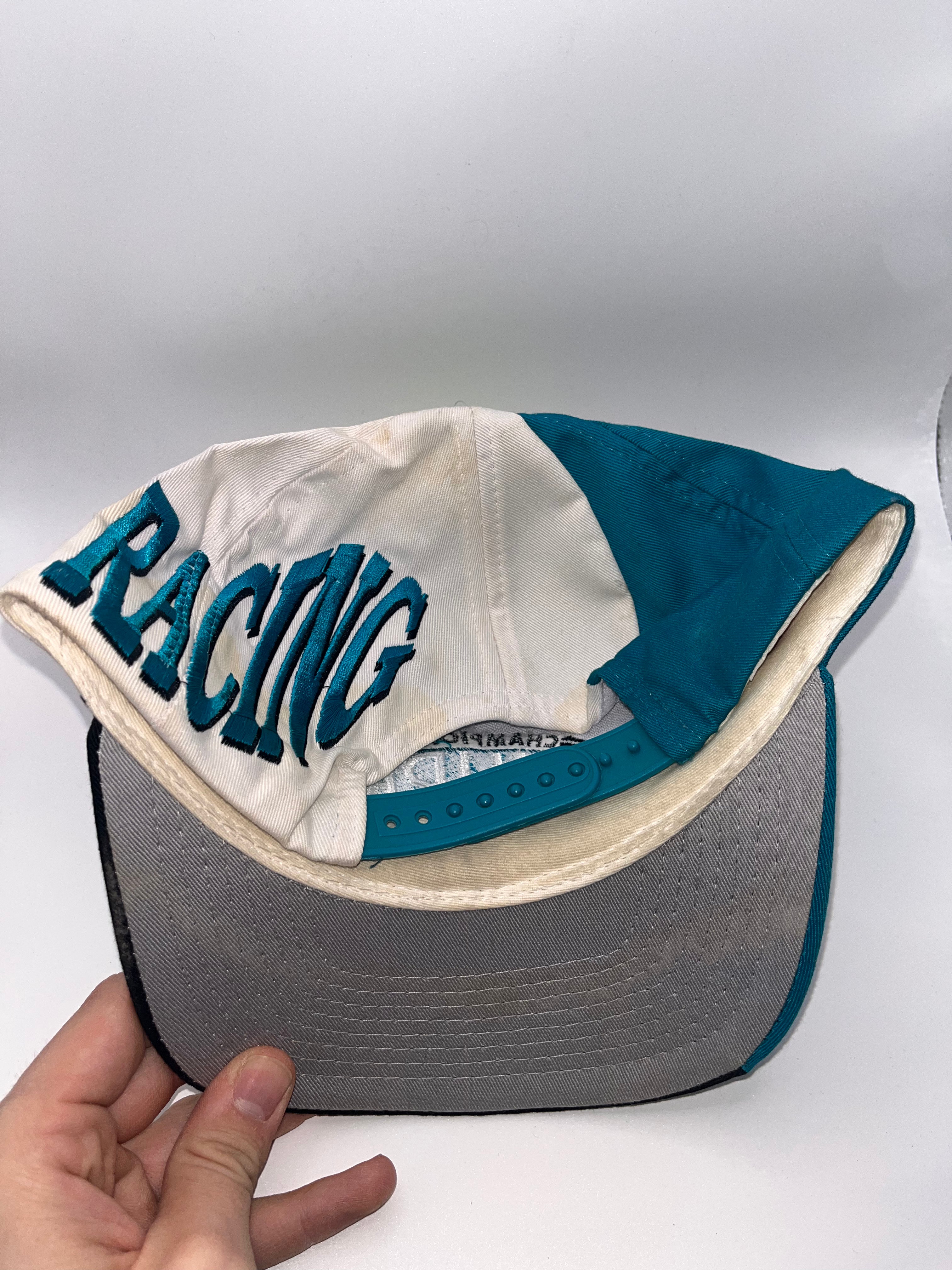 Vintage NHRA Drag Racing Swirl Embroidery Teal Snapback Hat