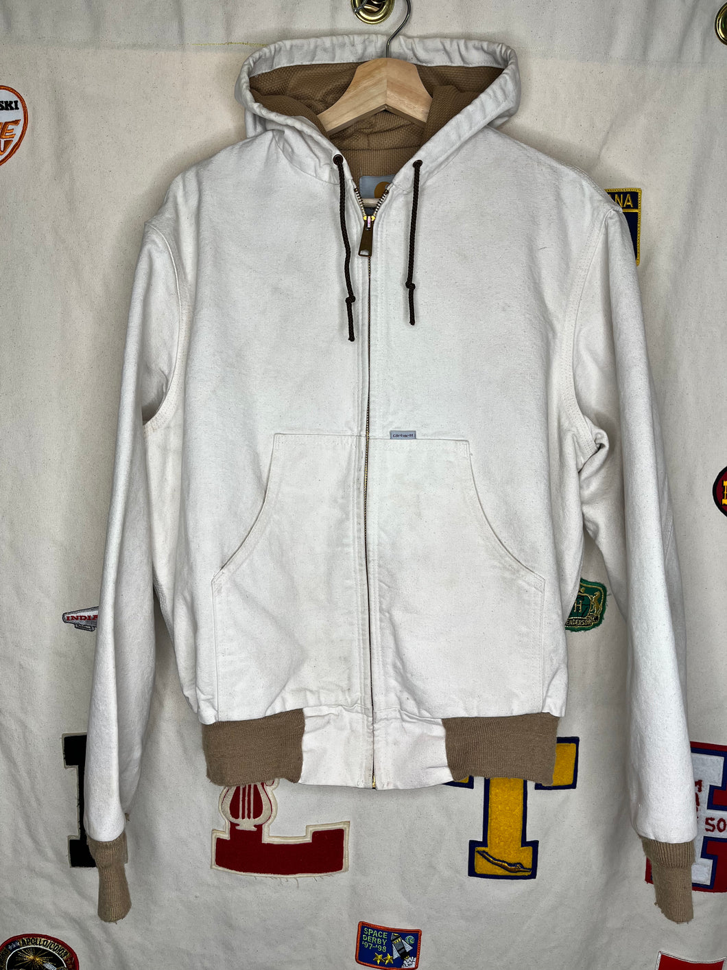 Vintage White Canvas Carhartt Hooded Zip-Up Jacket: Medium