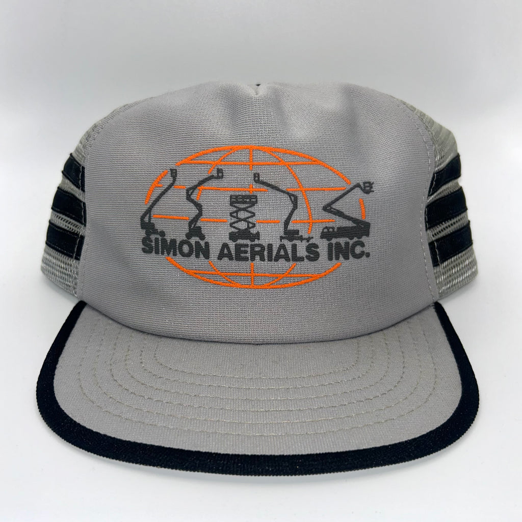 Vtg Simon Aerials Boom Equipment 3 Stripe Grey Printed 80's Trucker Snapback Hat