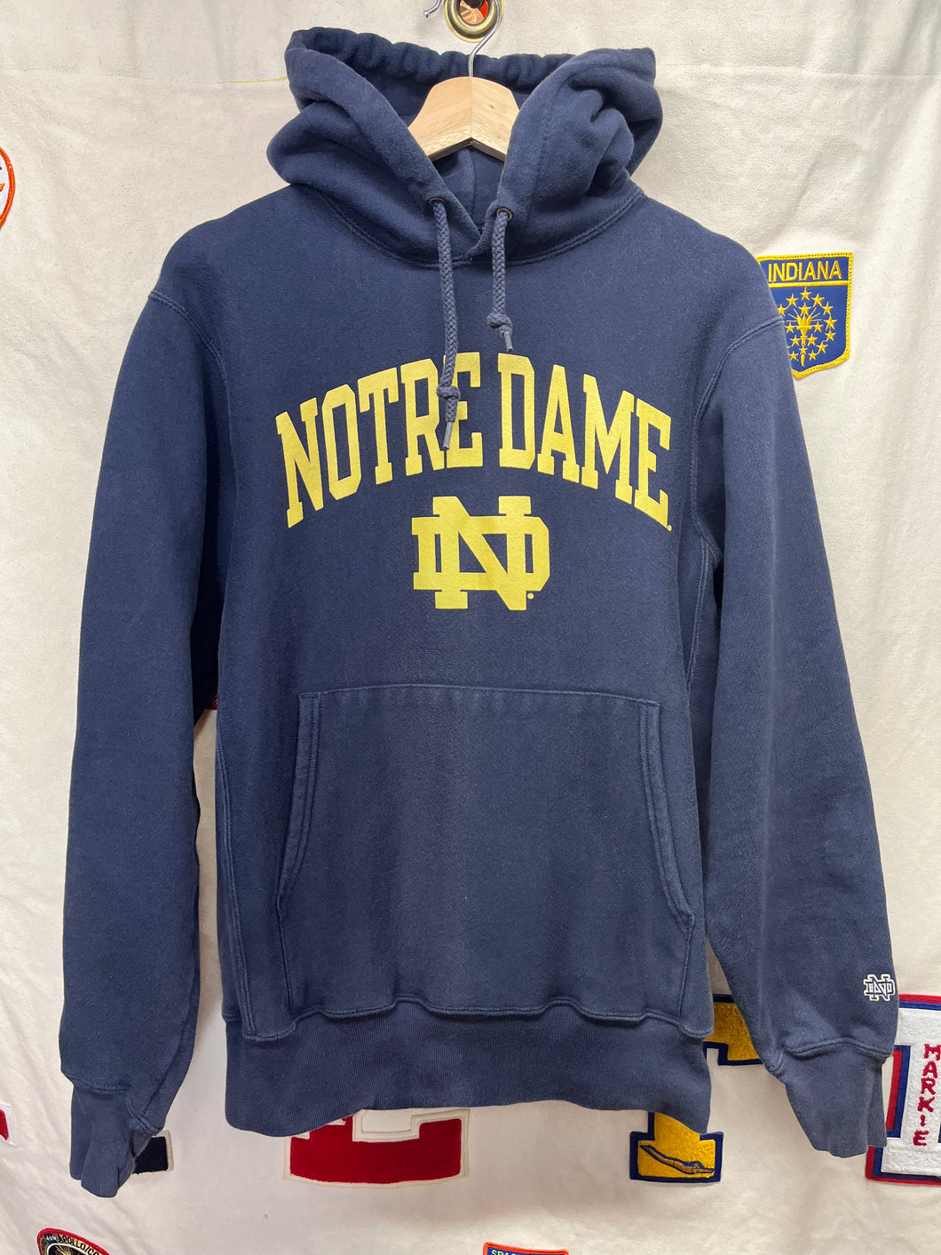 Vintage University of Notre Dame Fighting Irish Navy Bookstore Reverse Weave Hoodie Sweatshirt: Small