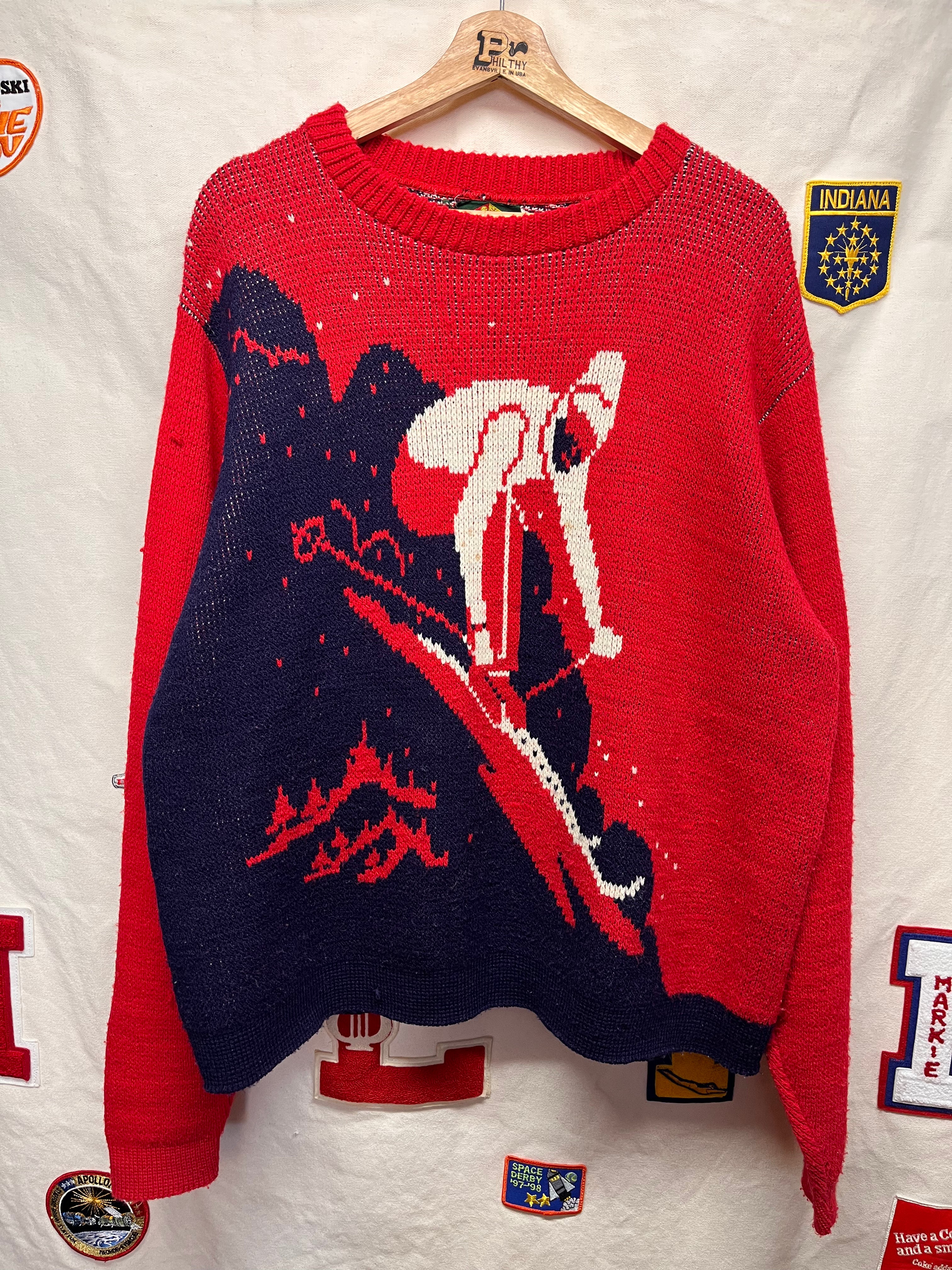 Vintage 70's Ski Alps Snow Mountain Red Blue Knitmeister Knit Sweater: XL