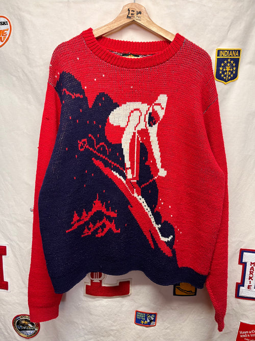 Vintage 70's Ski Alps Snow Mountain Red Blue Knitmeister Knit Sweater: XL