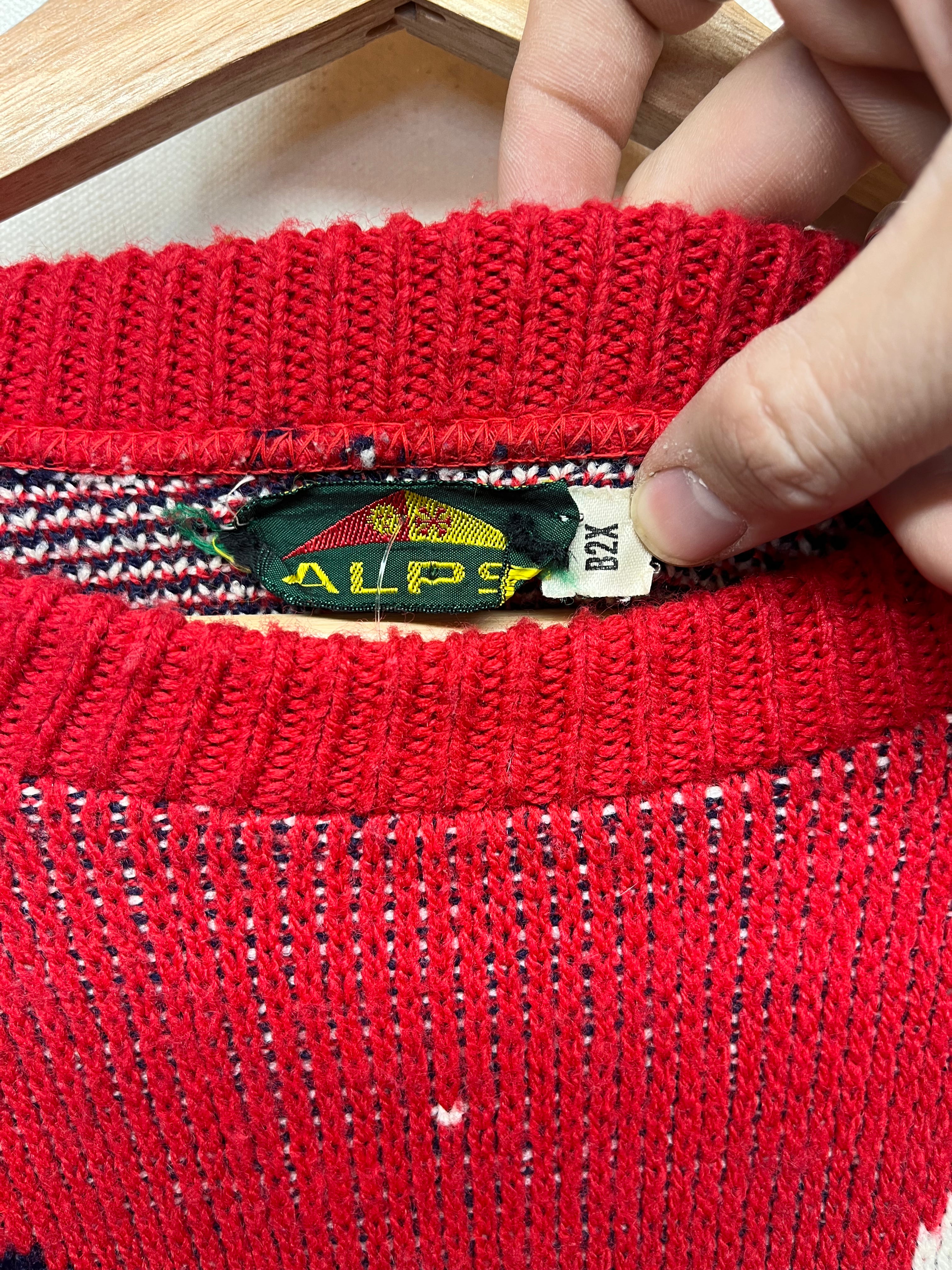 Vintage 70's Ski Alps Snow Mountain Red Blue Knitmeister Knit Sweater: XL