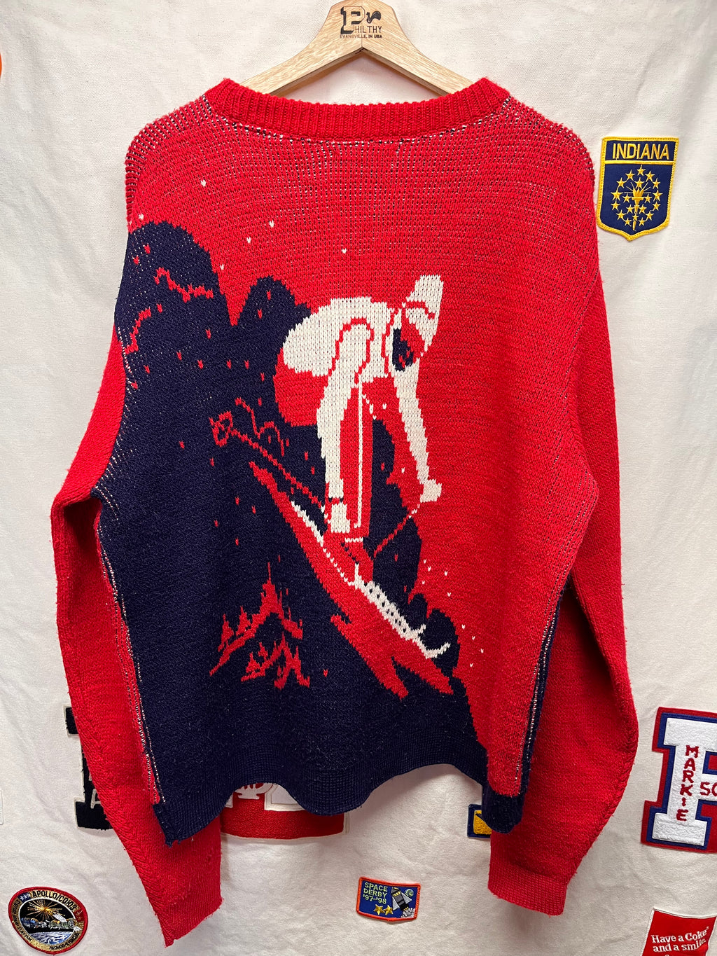 Vintage 70's Ski Alps Snow Mountain Red Blue Knitmeister Knit Sweater: XL
