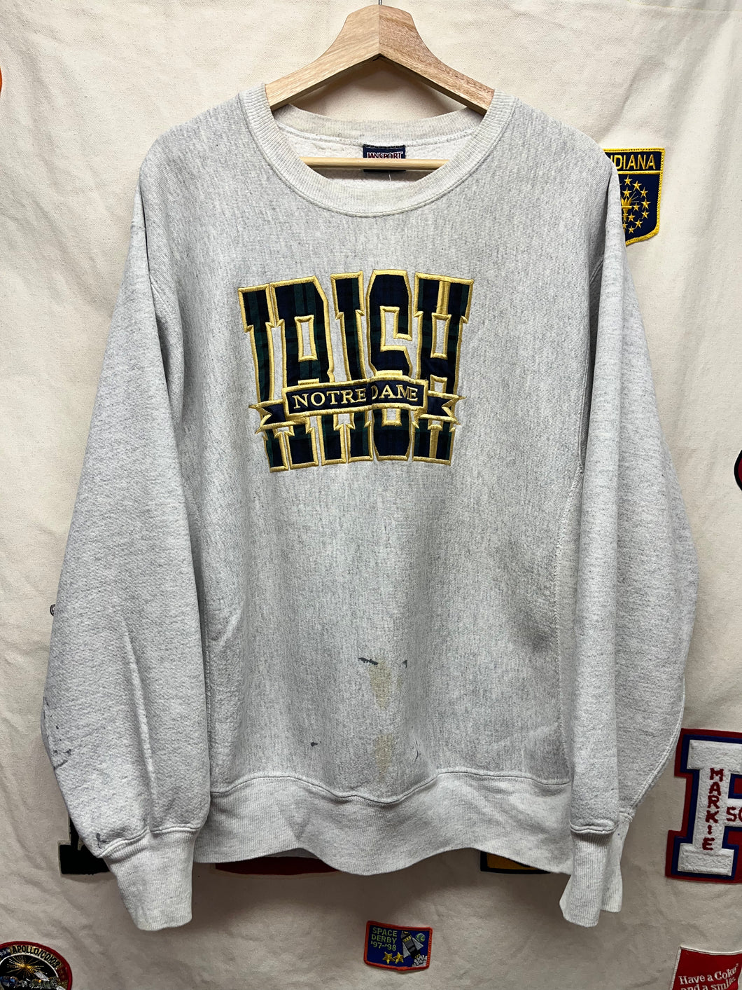 Vintage University of Notre Dame Fighting Irish Grey Plaid Reverse Weave Crewneck Sweatshirt: XL