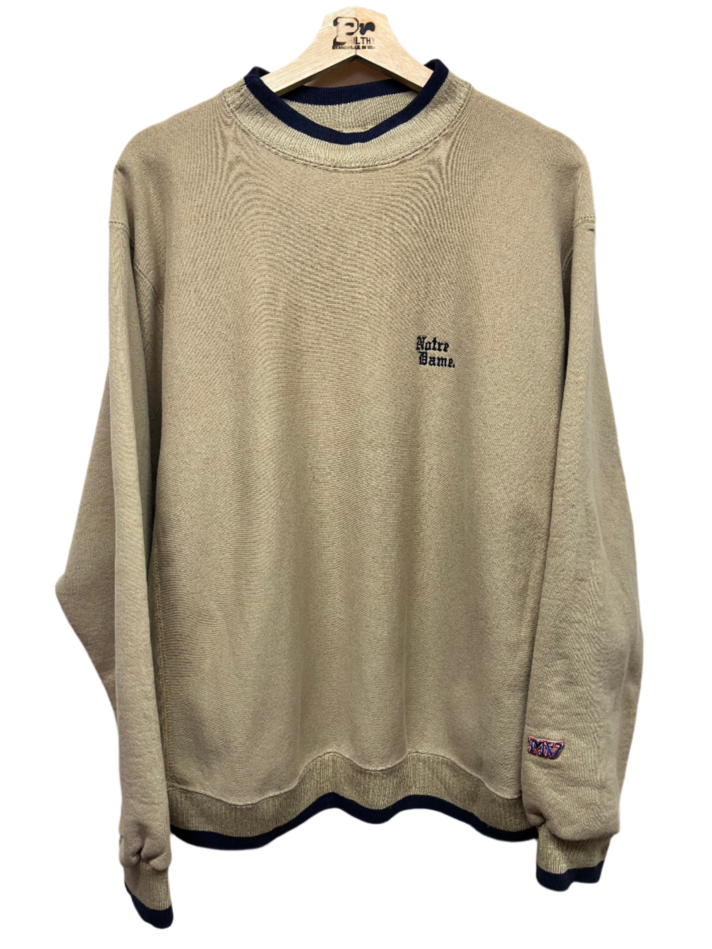 Vintage University of Notre Dame Fighting Irish Tan MV Sport Pro Weave Embroidered Crewneck Sweatshirt: XL