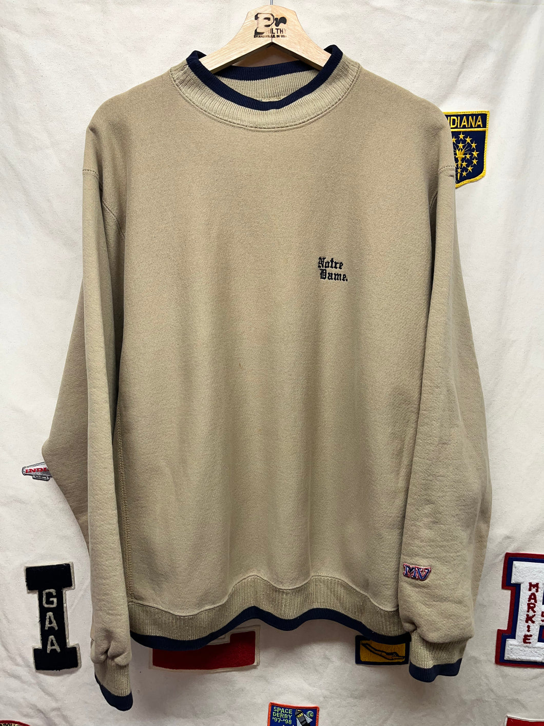 Vintage University of Notre Dame Fighting Irish Tan MV Sport Pro Weave Embroidered Crewneck Sweatshirt: XL