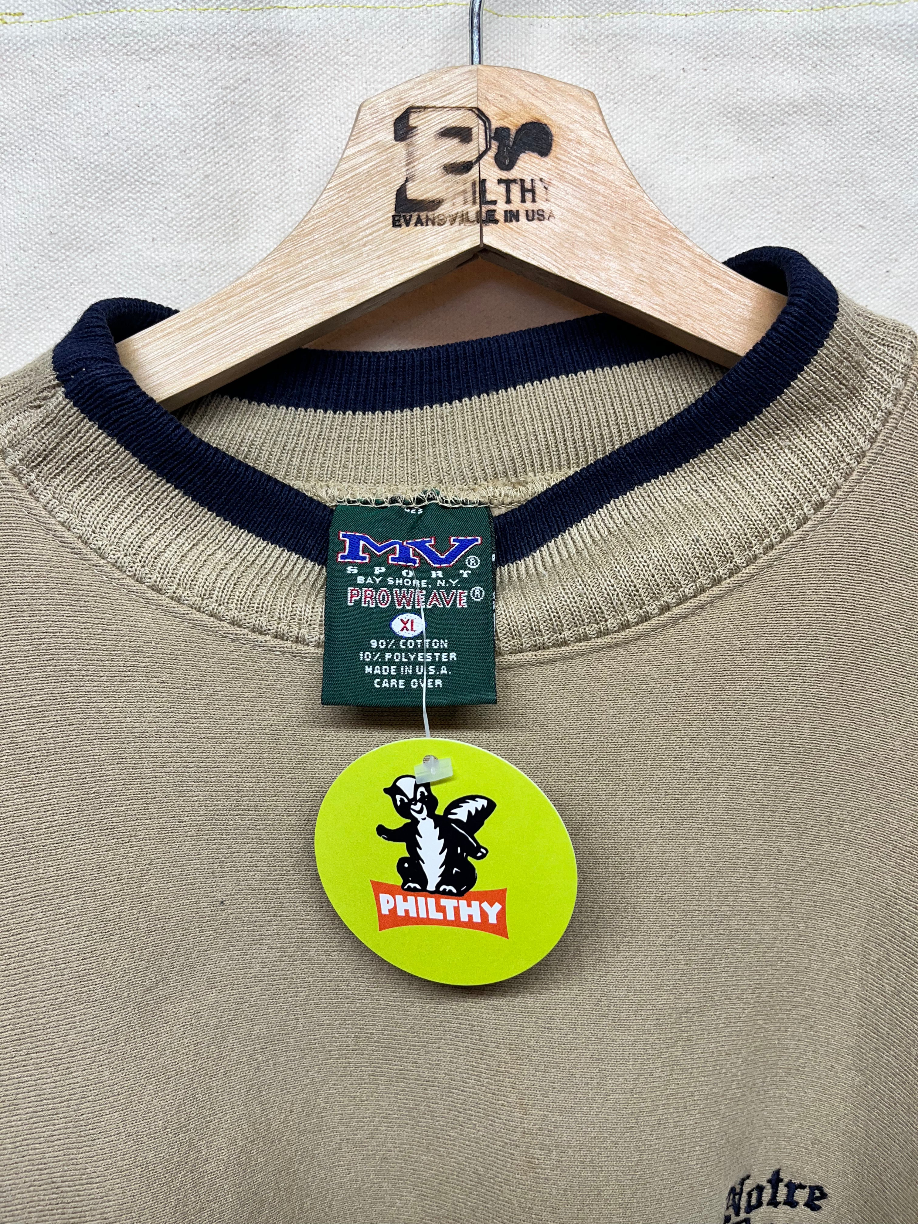 Vintage University of Notre Dame Fighting Irish Tan MV Sport Pro Weave Embroidered Crewneck Sweatshirt: XL