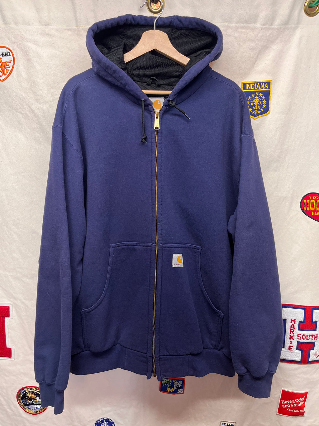 Vintage Carhartt J149 Navy Blue Thermal Lined 2 Ply Hooded Zip-Up Sweat Jacket: XL