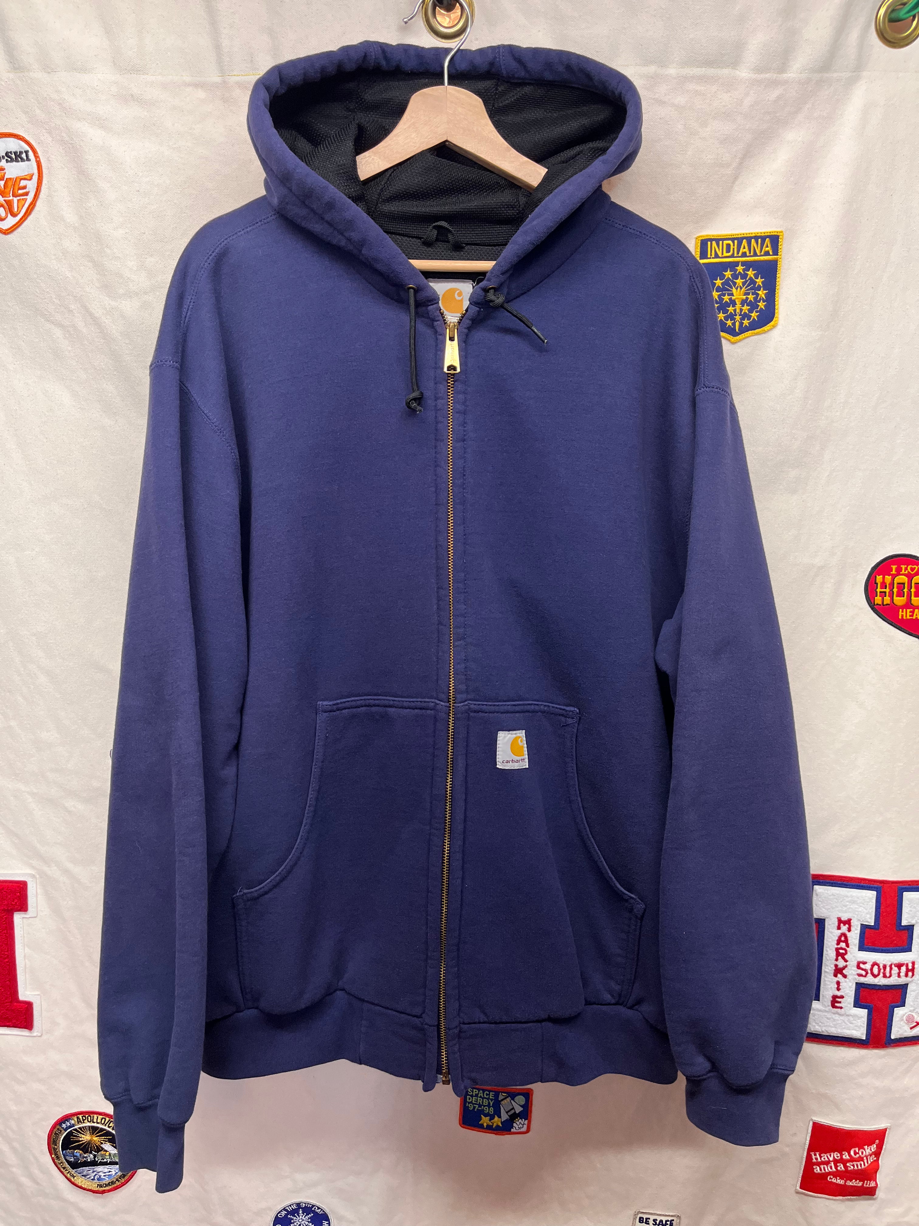 Vintage Carhartt J149 Navy Blue Thermal Lined 2 Ply Hooded Zip-Up Sweat Jacket: XL