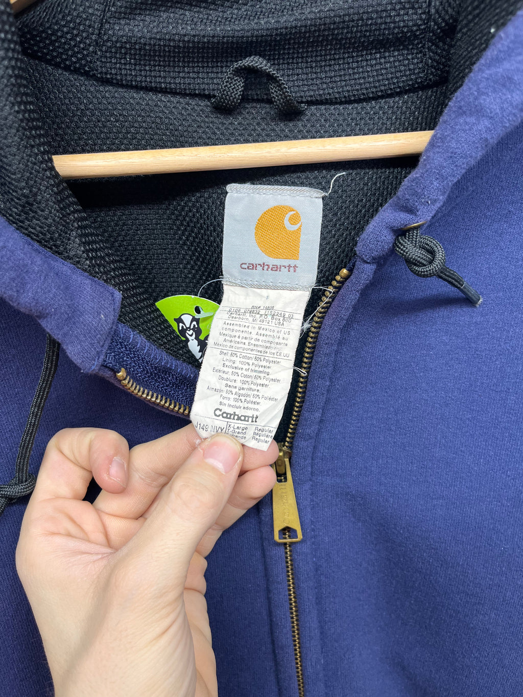 Vintage Carhartt J149 Navy Blue Thermal Lined 2 Ply Hooded Zip-Up Sweat Jacket: XL