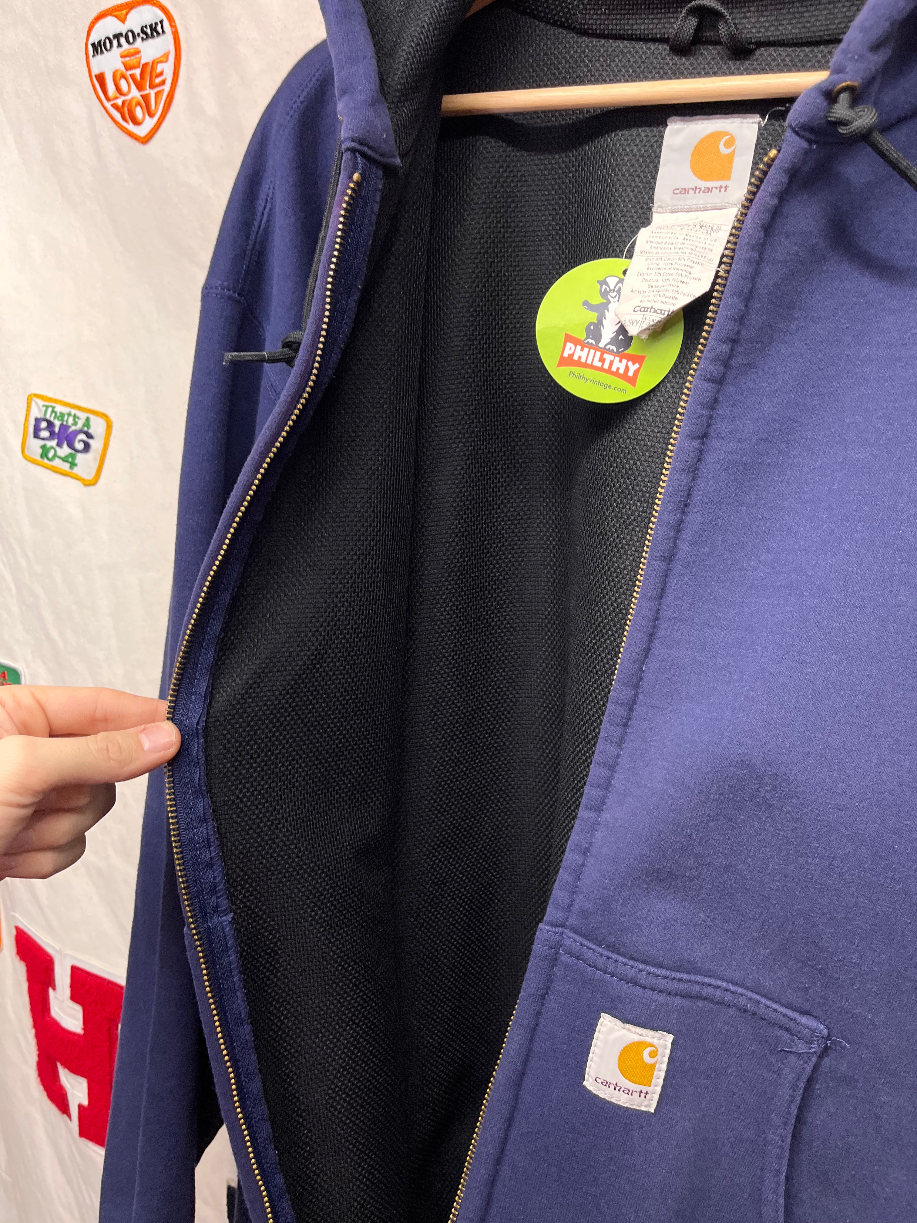 Vintage Carhartt J149 Navy Blue Thermal Lined 2 Ply Hooded Zip-Up Sweat Jacket: XL