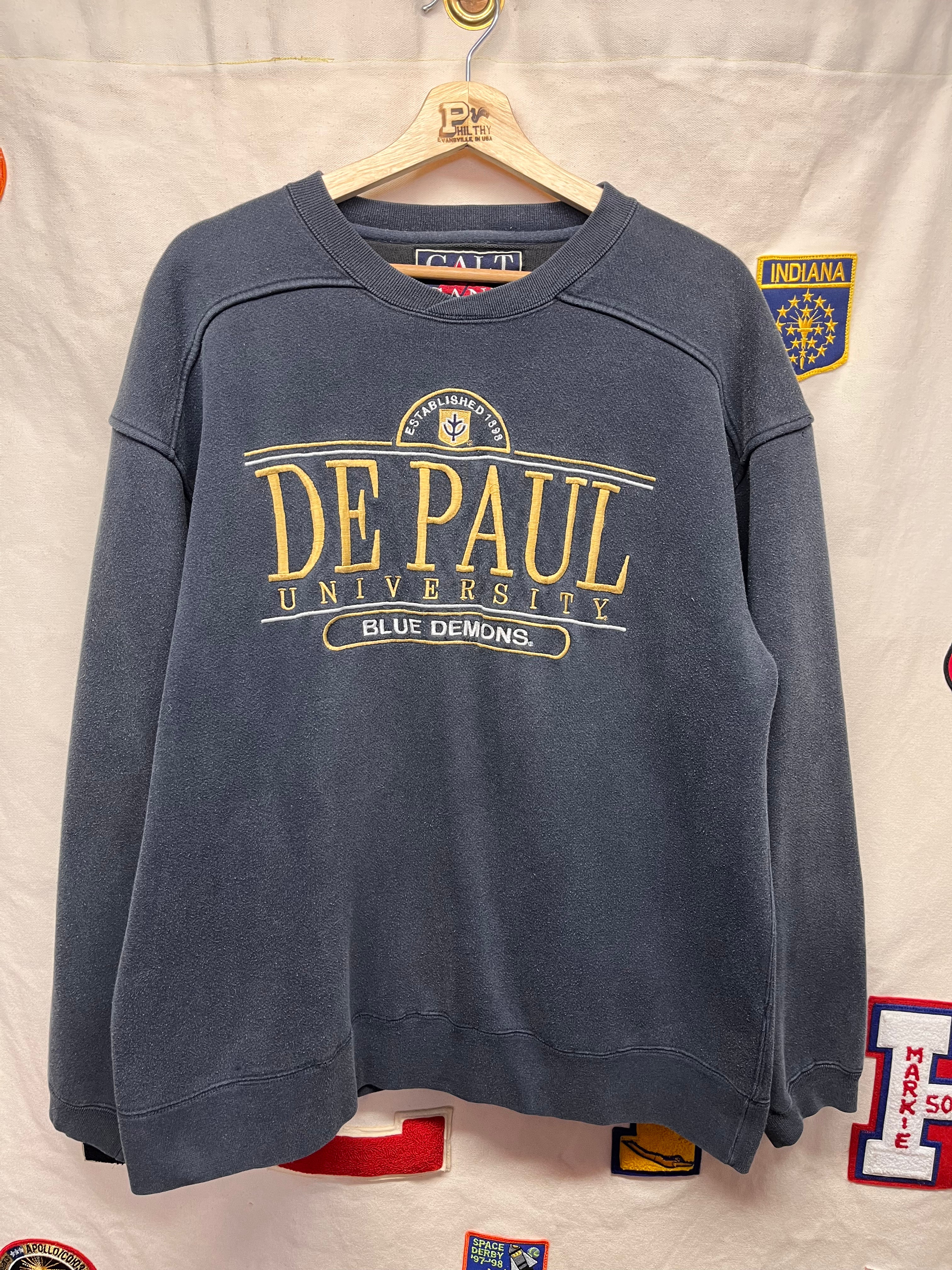 Vintage De Paul University Blue Deomns Galt Sand Navy Sweatshirt: Large