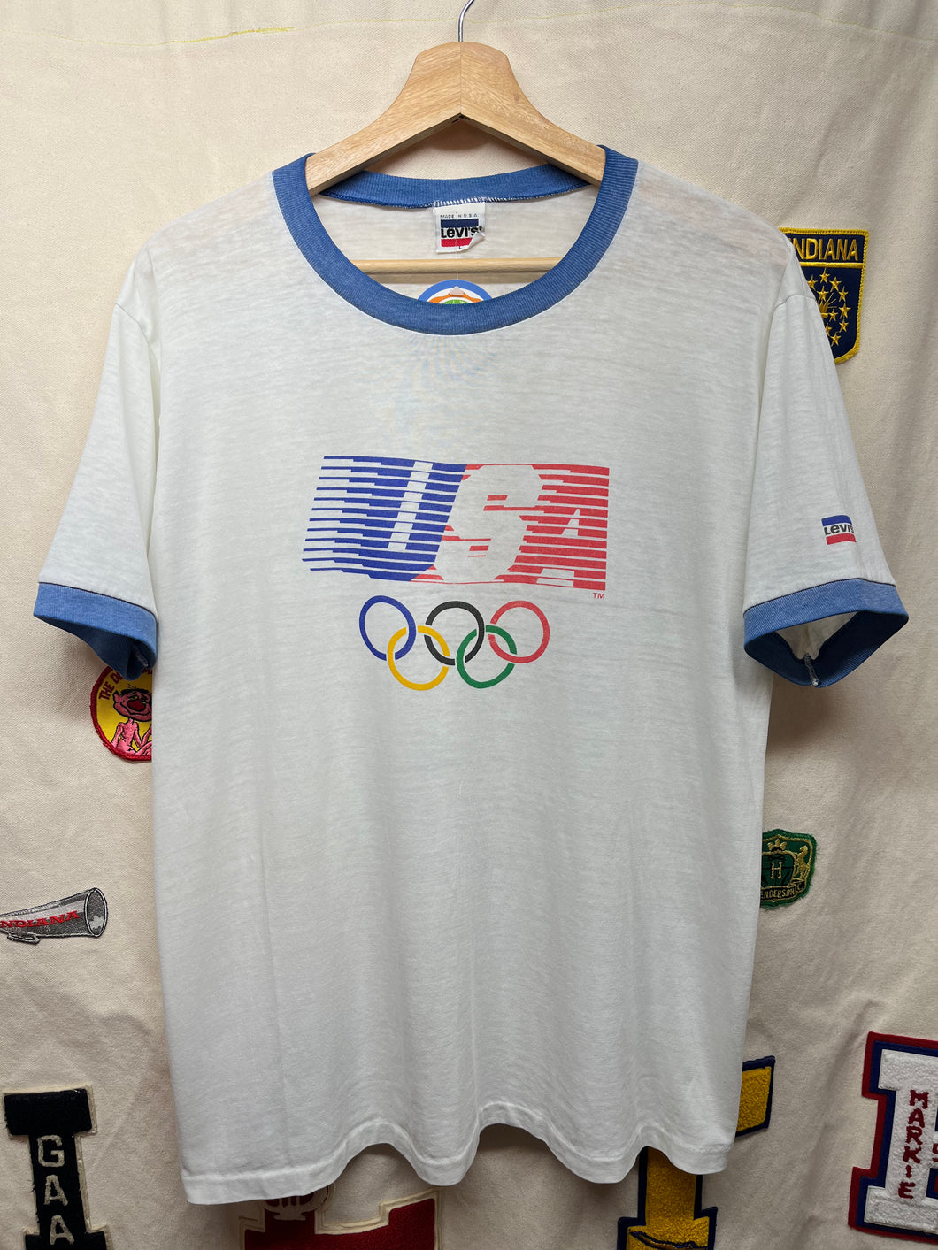 Vintage Levi's US Olympics 1984 Blue Ringer Thin White T-Shirt: XL