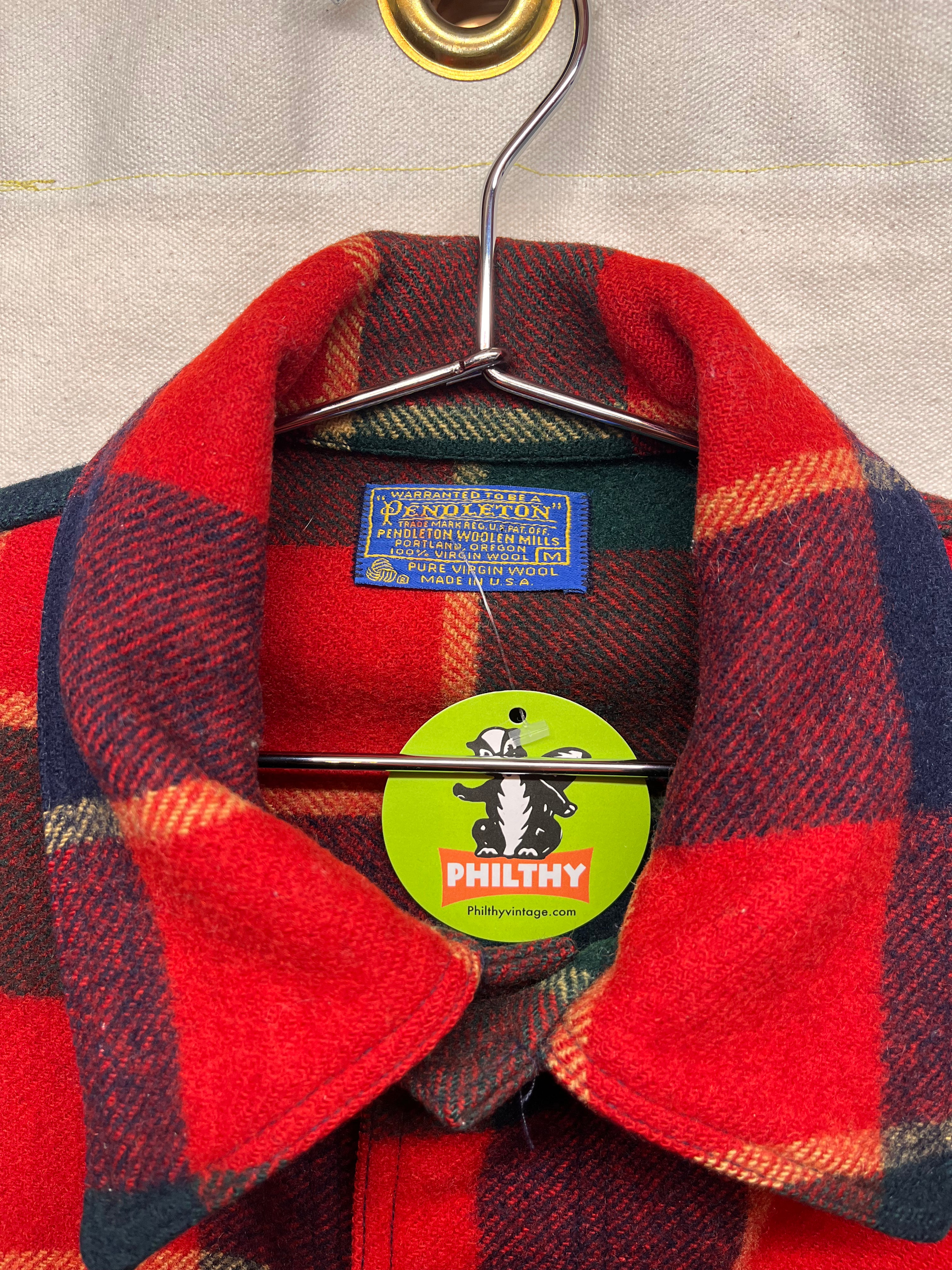 Vintage Pendleton 70's Red Plaid Wool Shirt Jacket: Medium