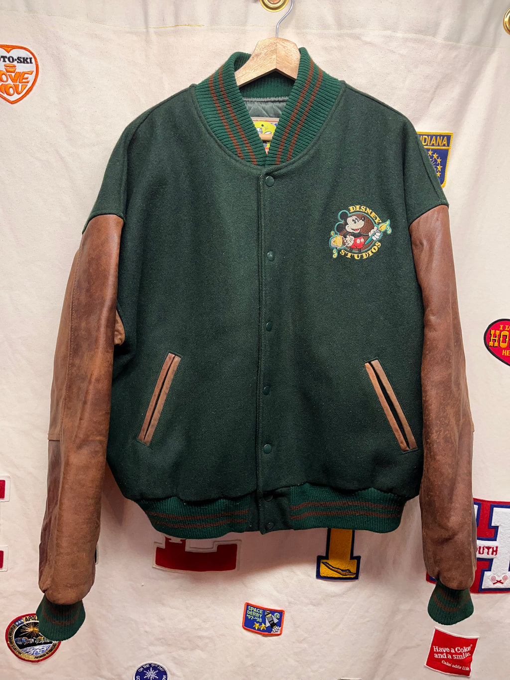 Vtg Disney Studio Ink & Paint Department Animation Collection Green Wool Leather Varsity Jacket: XL