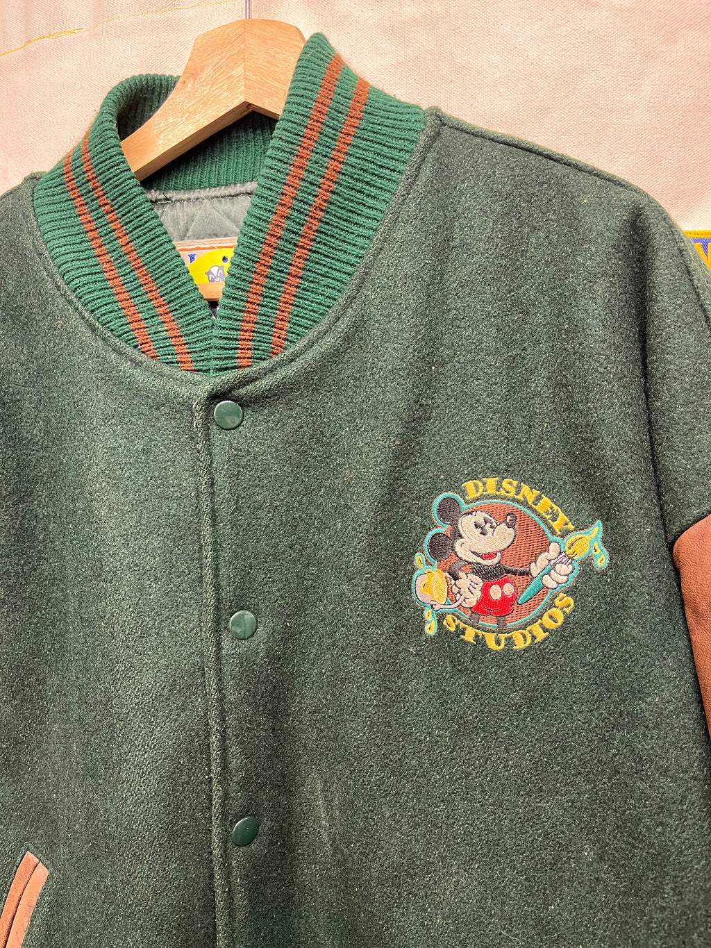 Vtg Disney Studio Ink & Paint Department Animation Collection Green Wool Leather Varsity Jacket: XL