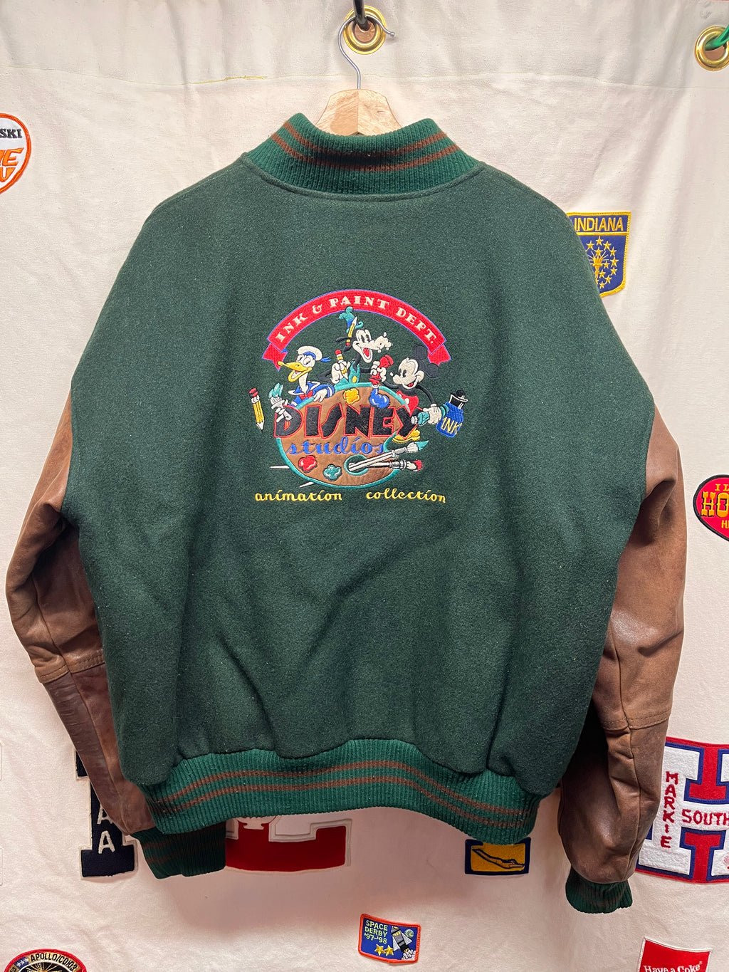 Vtg Disney Studio Ink & Paint Department Animation Collection Green Wool Leather Varsity Jacket: XL