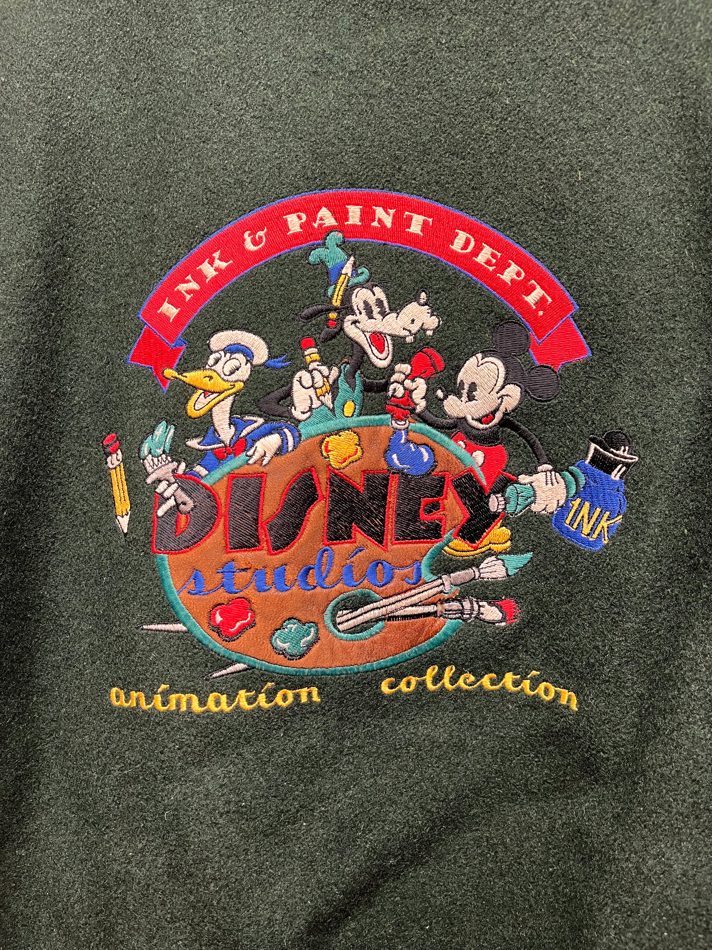 Vtg Disney Studio Ink & Paint Department Animation Collection Green Wool Leather Varsity Jacket: XL