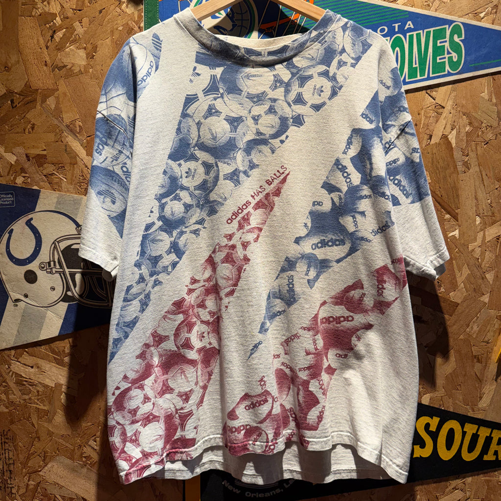 Vintage Adidas 'Has Balls' All-Over Sports Graphic T-Shirt: L
