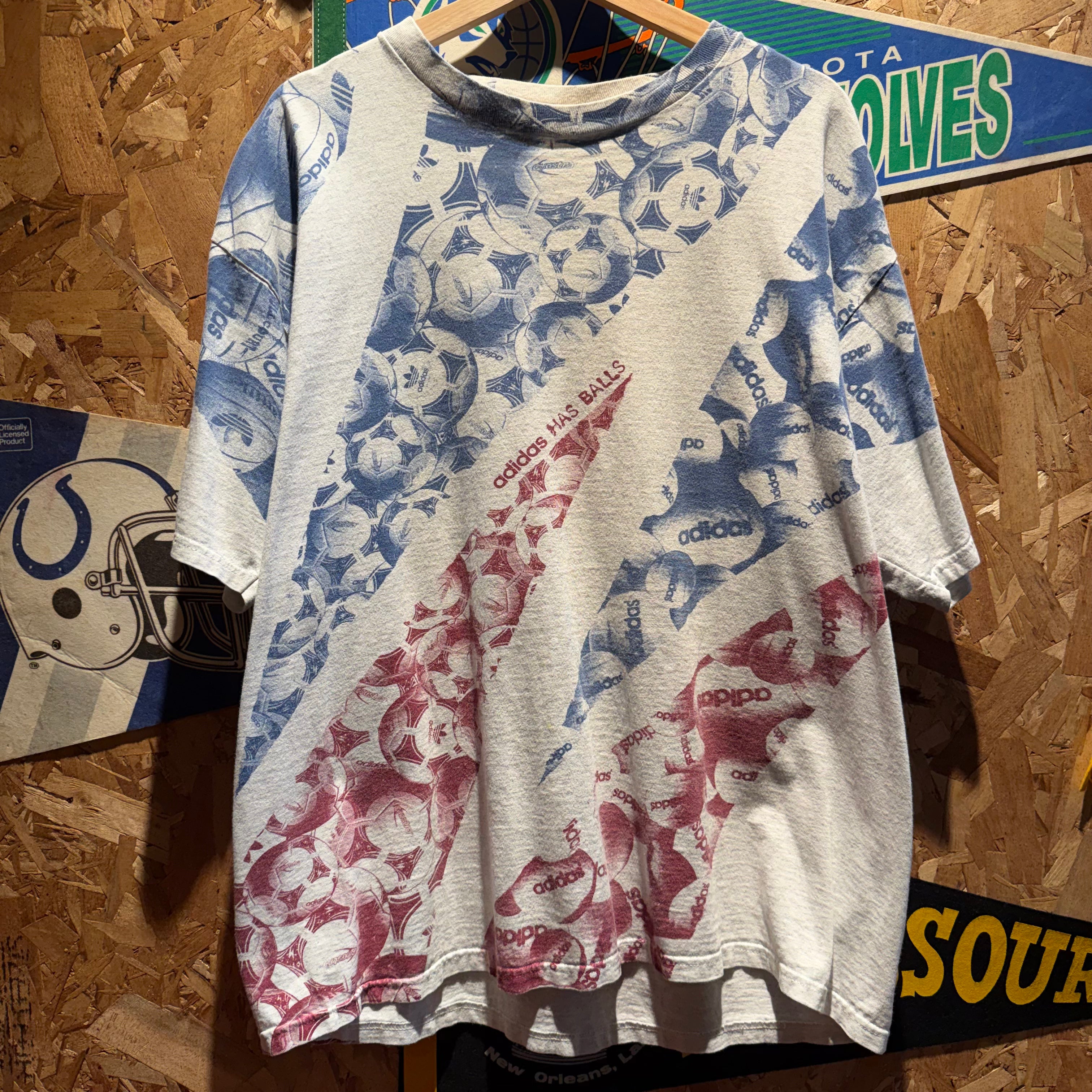 Vintage Adidas 'Has Balls' All-Over Sports Graphic T-Shirt: L