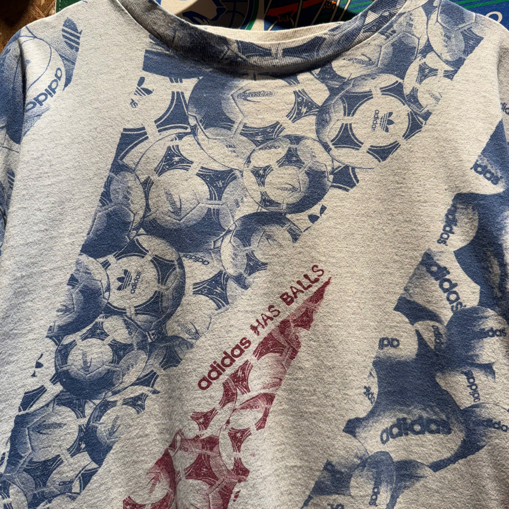 Vintage Adidas 'Has Balls' All-Over Sports Graphic T-Shirt: L