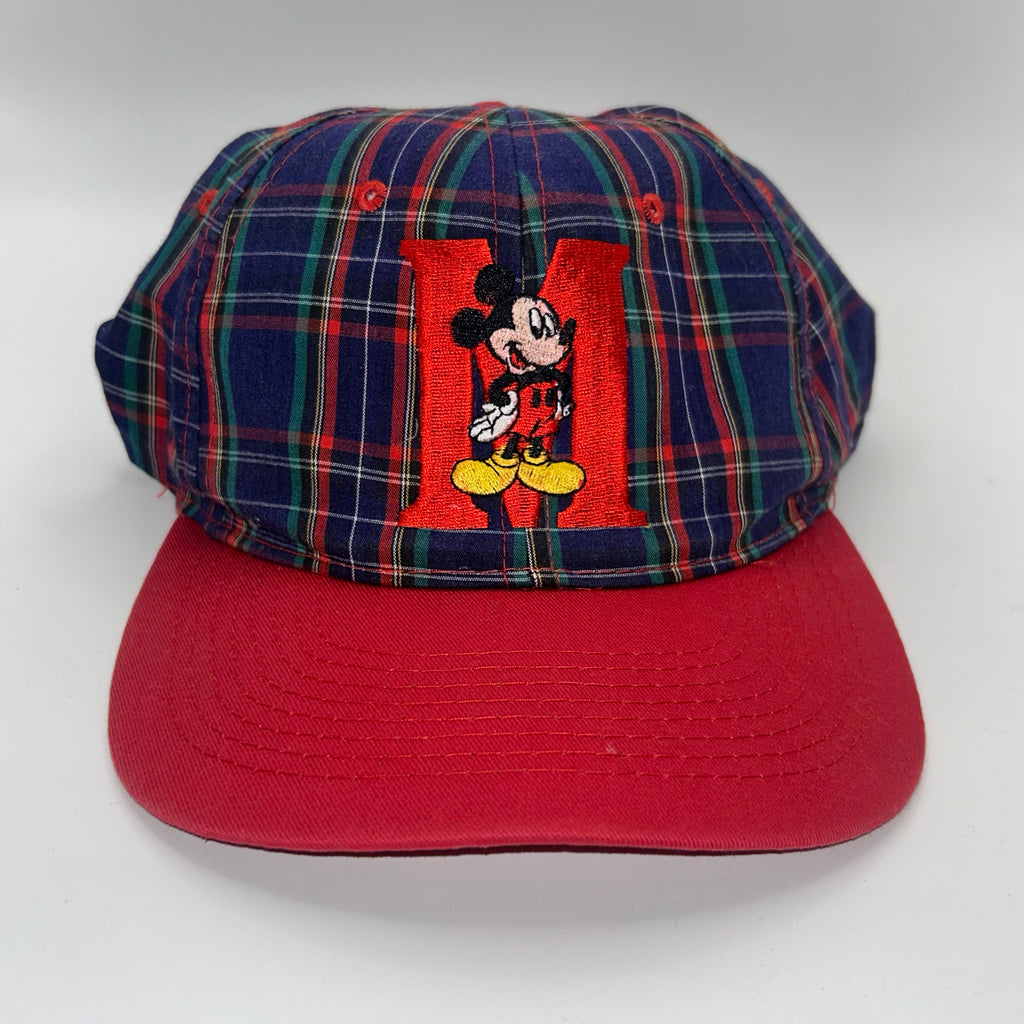 Vintage Mickey Mouse Red Navy Plaid 90's Disney Snapback Hat