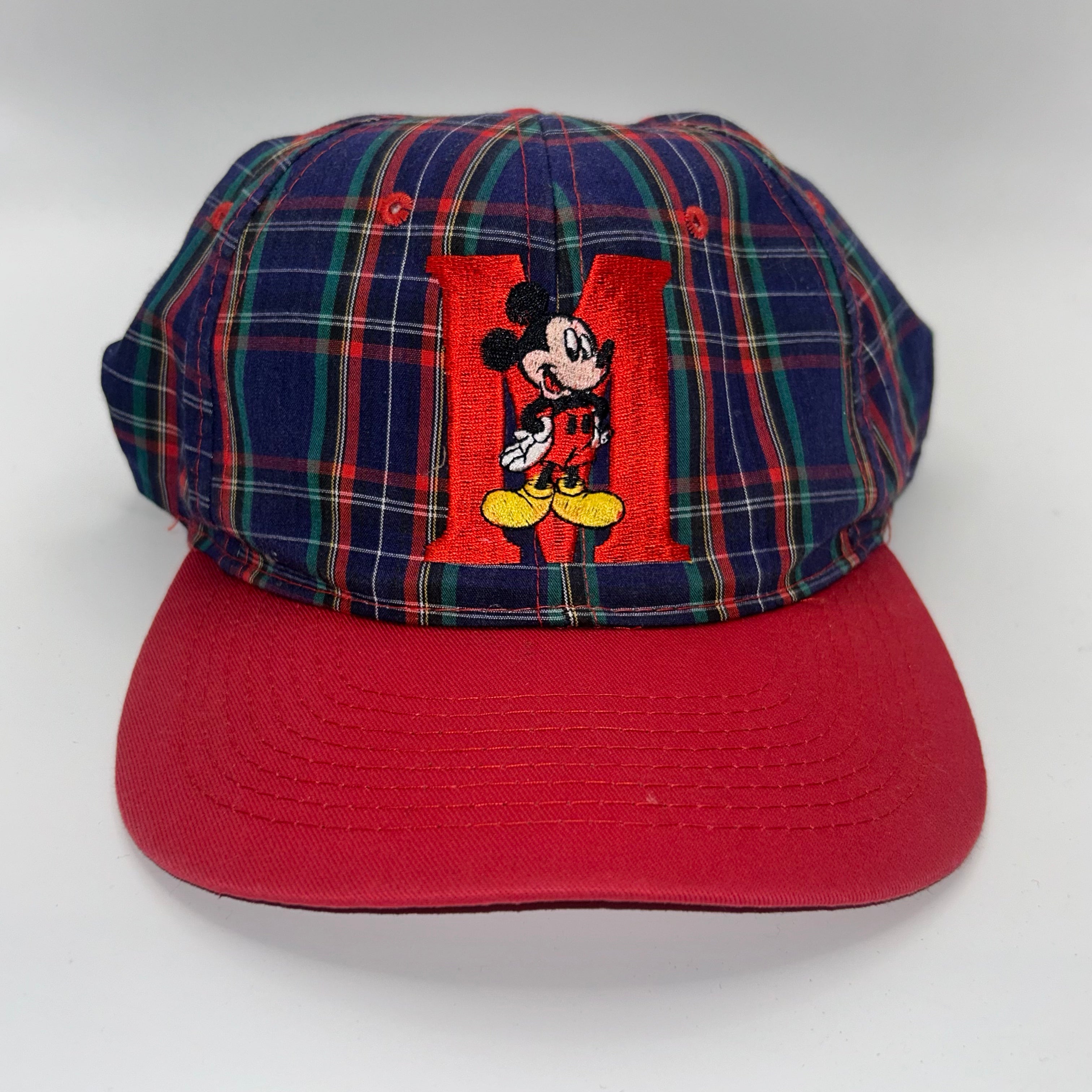 Vintage Mickey Mouse Red Navy Plaid 90's Disney Snapback Hat