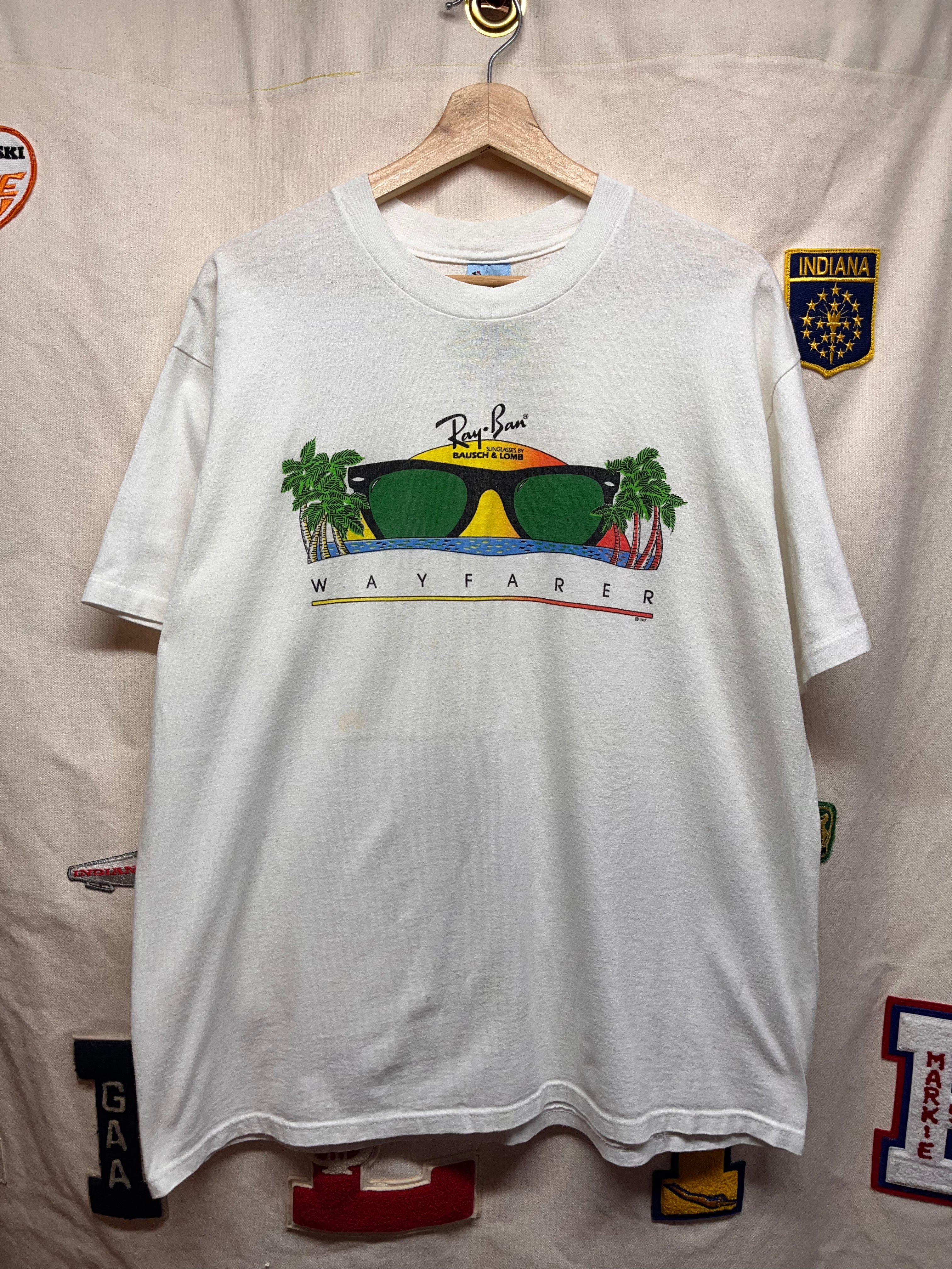 Vintage Ray Ban Wayfarer Bausch & Lomb Sunglasses Beach Promo White T-Shirt: XL