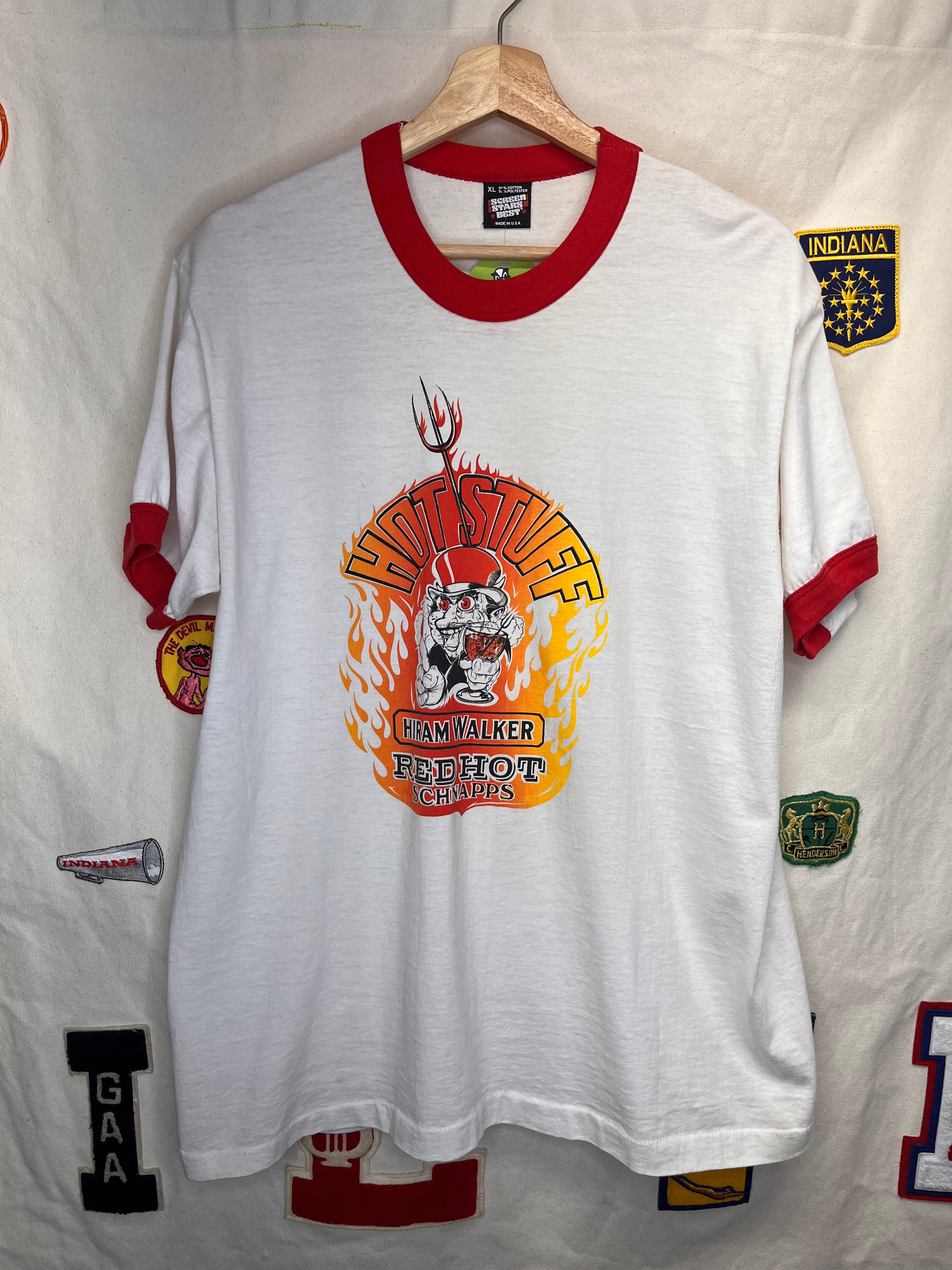 Vintage Hiram Hot Stuff Red Hot Schnapps Liquor Ringer 80's T-Shirt: XL