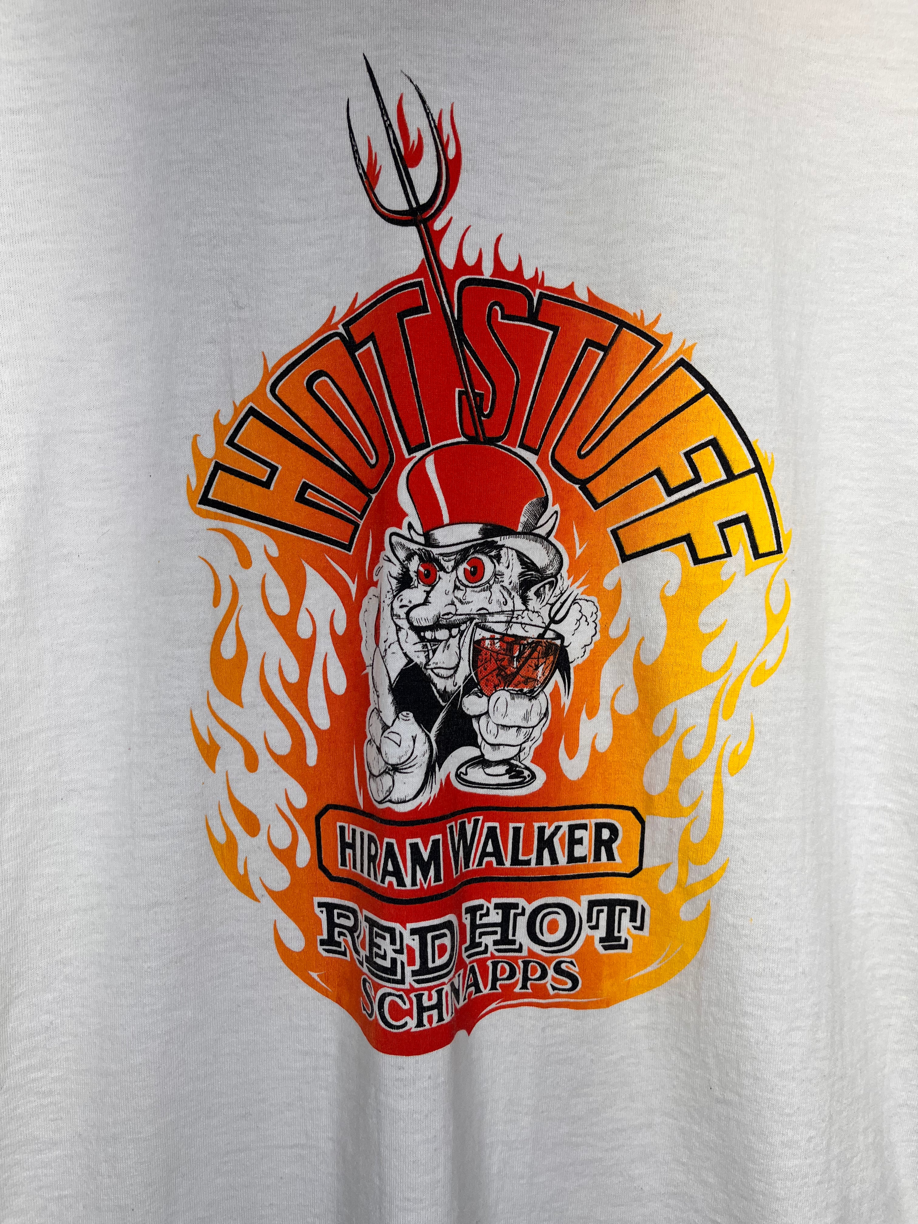 Vintage Hiram Hot Stuff Red Hot Schnapps Liquor Ringer 80's T-Shirt: XL