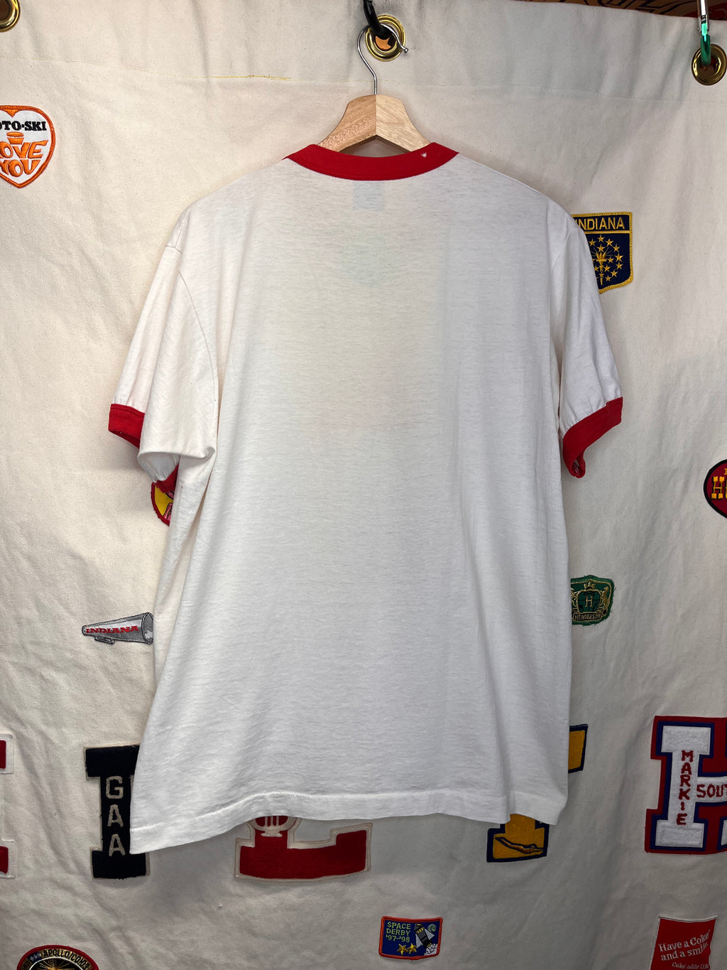 Vintage Hiram Hot Stuff Red Hot Schnapps Liquor Ringer 80's T-Shirt: XL