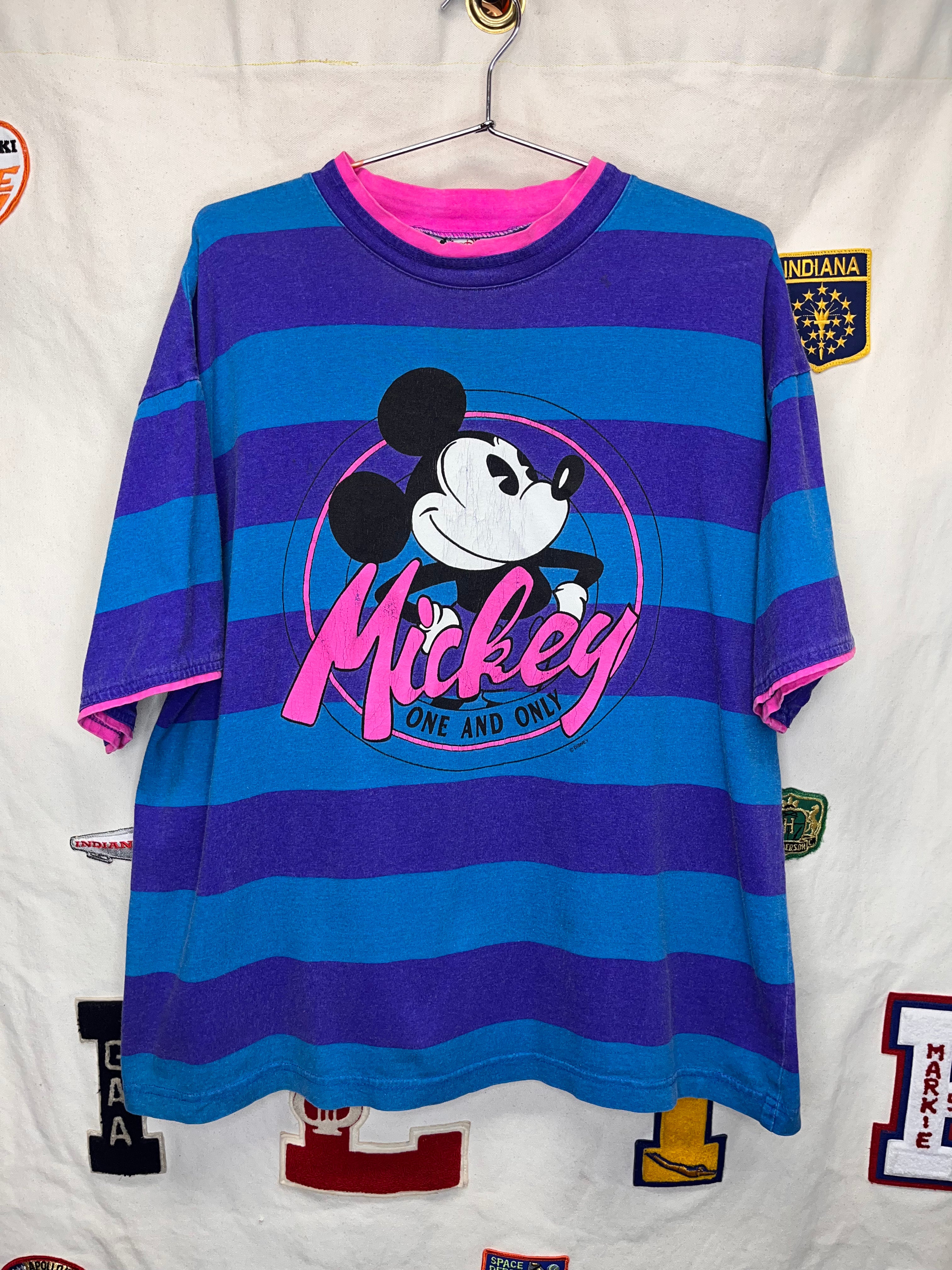 Vintage Mickey Mouse One and Only Neon Blue Purple Pink Stripe T-Shirt: Large