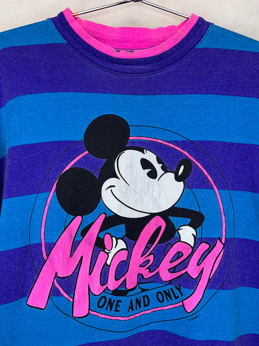 Vintage Mickey Mouse One and Only Neon Blue Purple Pink Stripe T-Shirt: Large