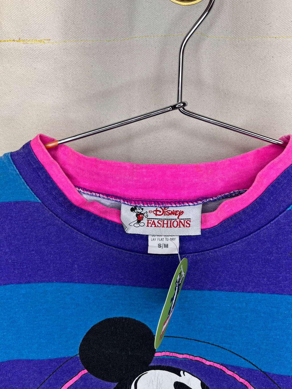 Vintage Mickey Mouse One and Only Neon Blue Purple Pink Stripe T-Shirt: Large