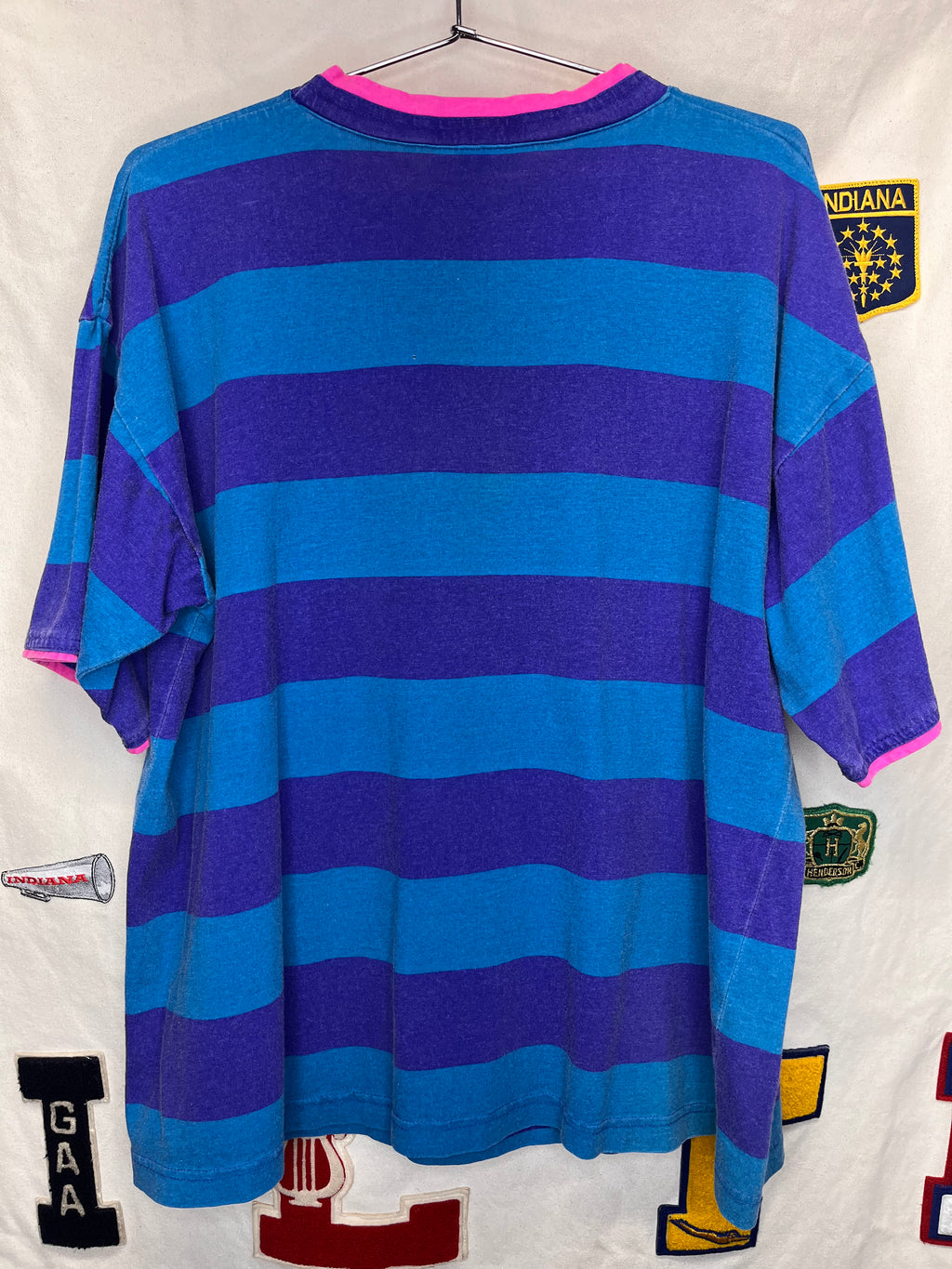 Vintage Mickey Mouse One and Only Neon Blue Purple Pink Stripe T-Shirt: Large