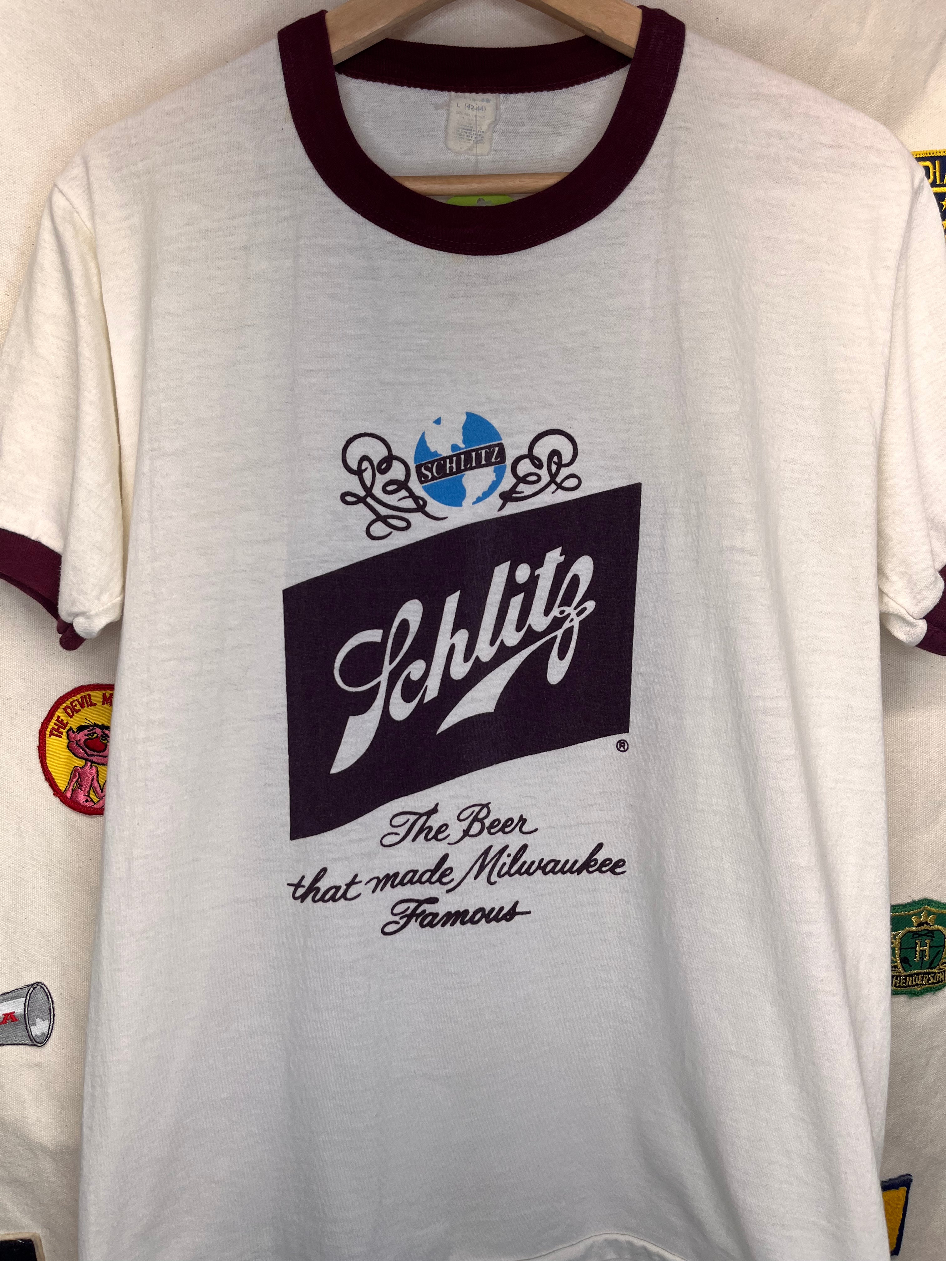 Vintage Schlitz Milwaukee Beer 80's Ringer T-Shirt: Large