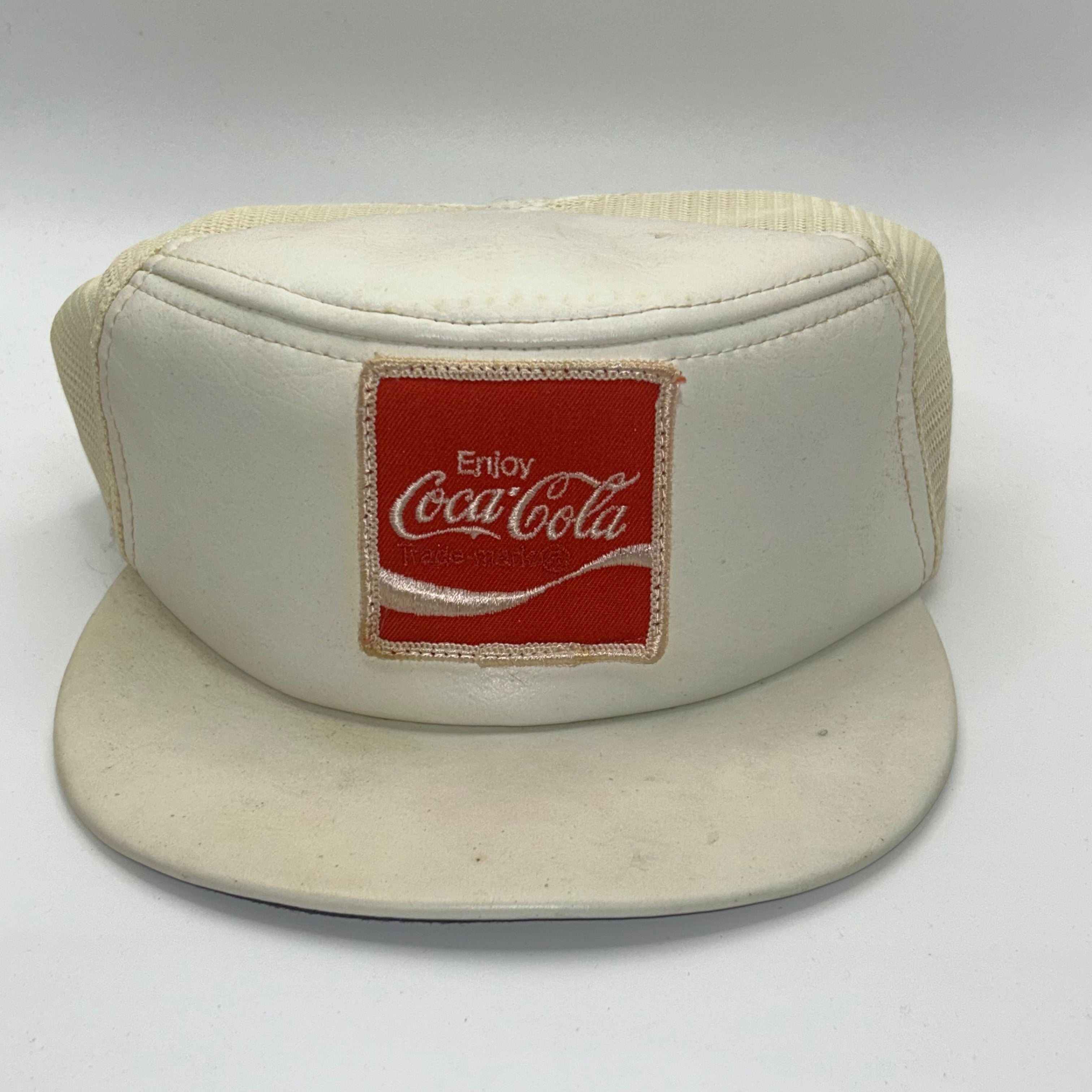 Vintage Coca Cola White Leather Mesh Pillbox 80's Patch Hat