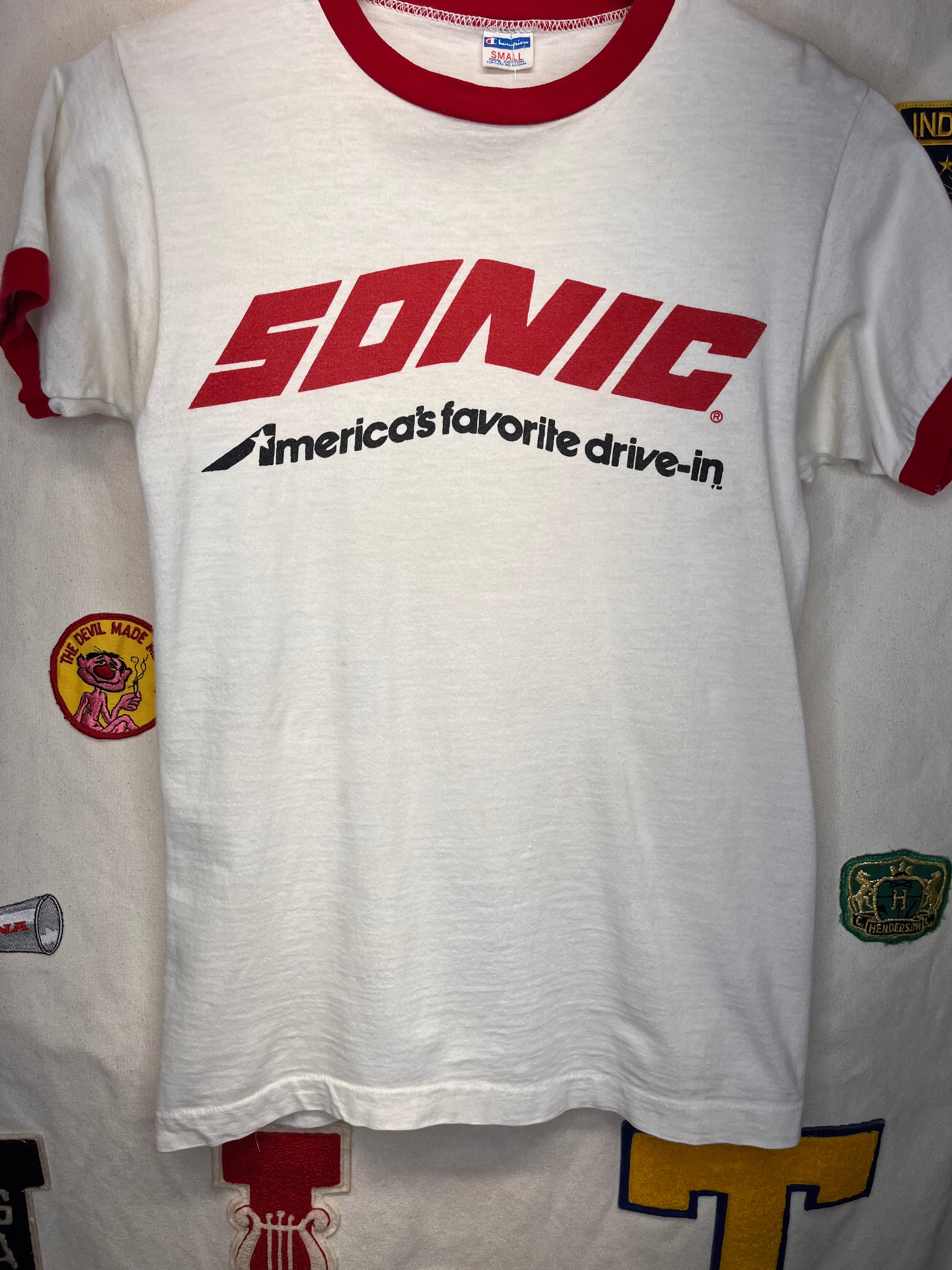 Vintage Sonic America's Favorite Drive-In Champion Ringer White Red T-Shirt: Small
