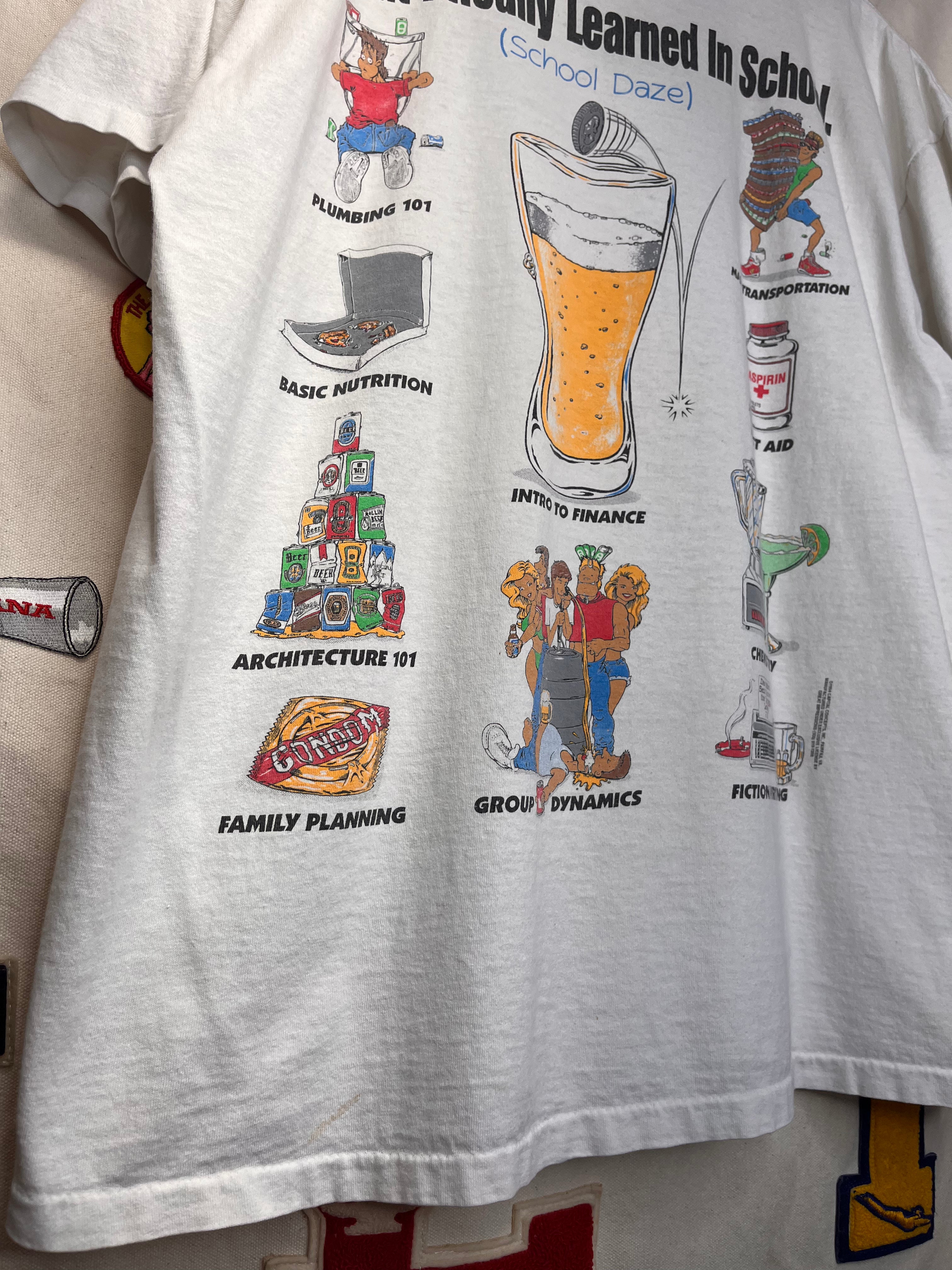 Vintage What I really Learned in School Daze Beer College White T-Shirt: XL