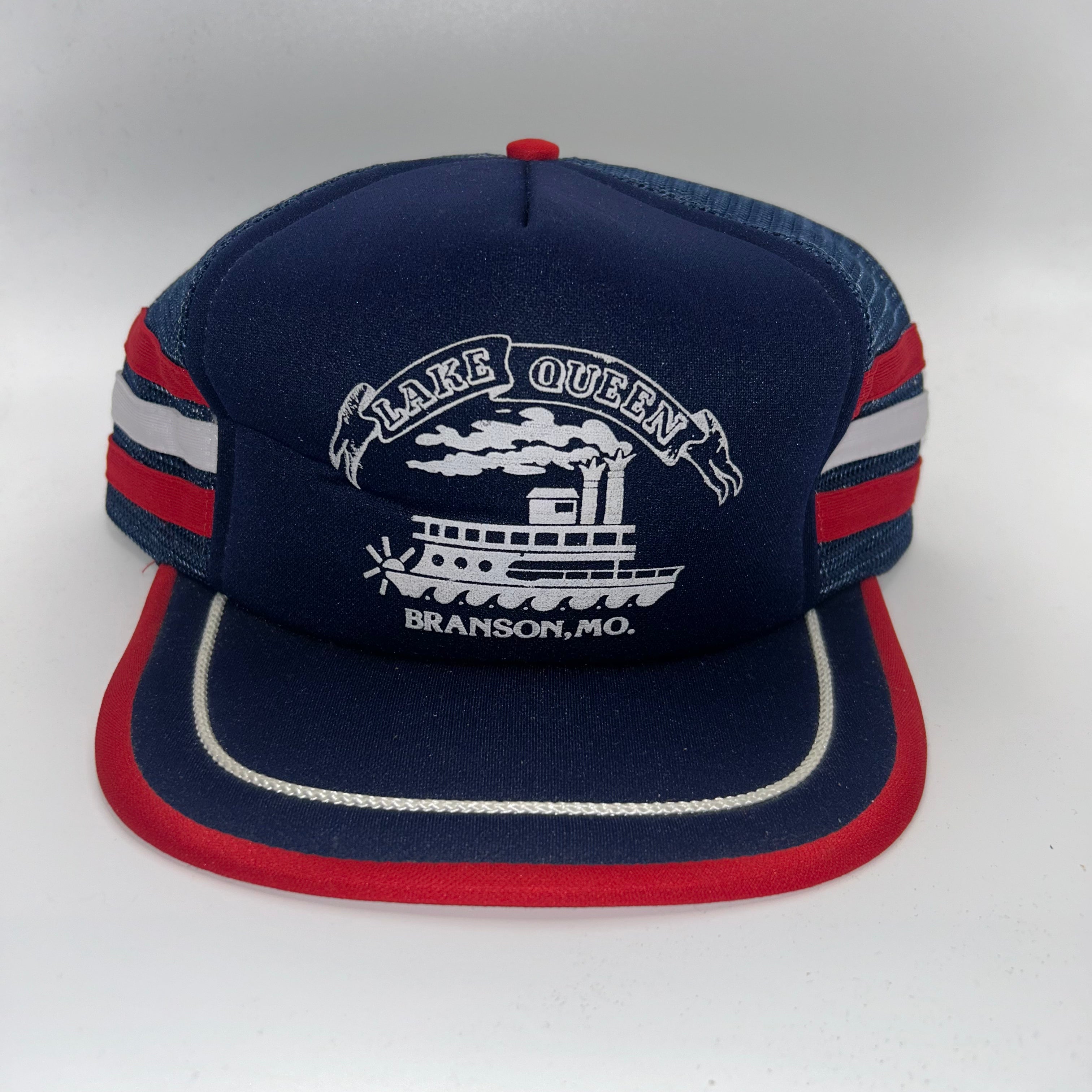 Vintage Lake Queen Boat Branson, MO Navy Red 3 Stripe Trucker Mesh Snapback Hat