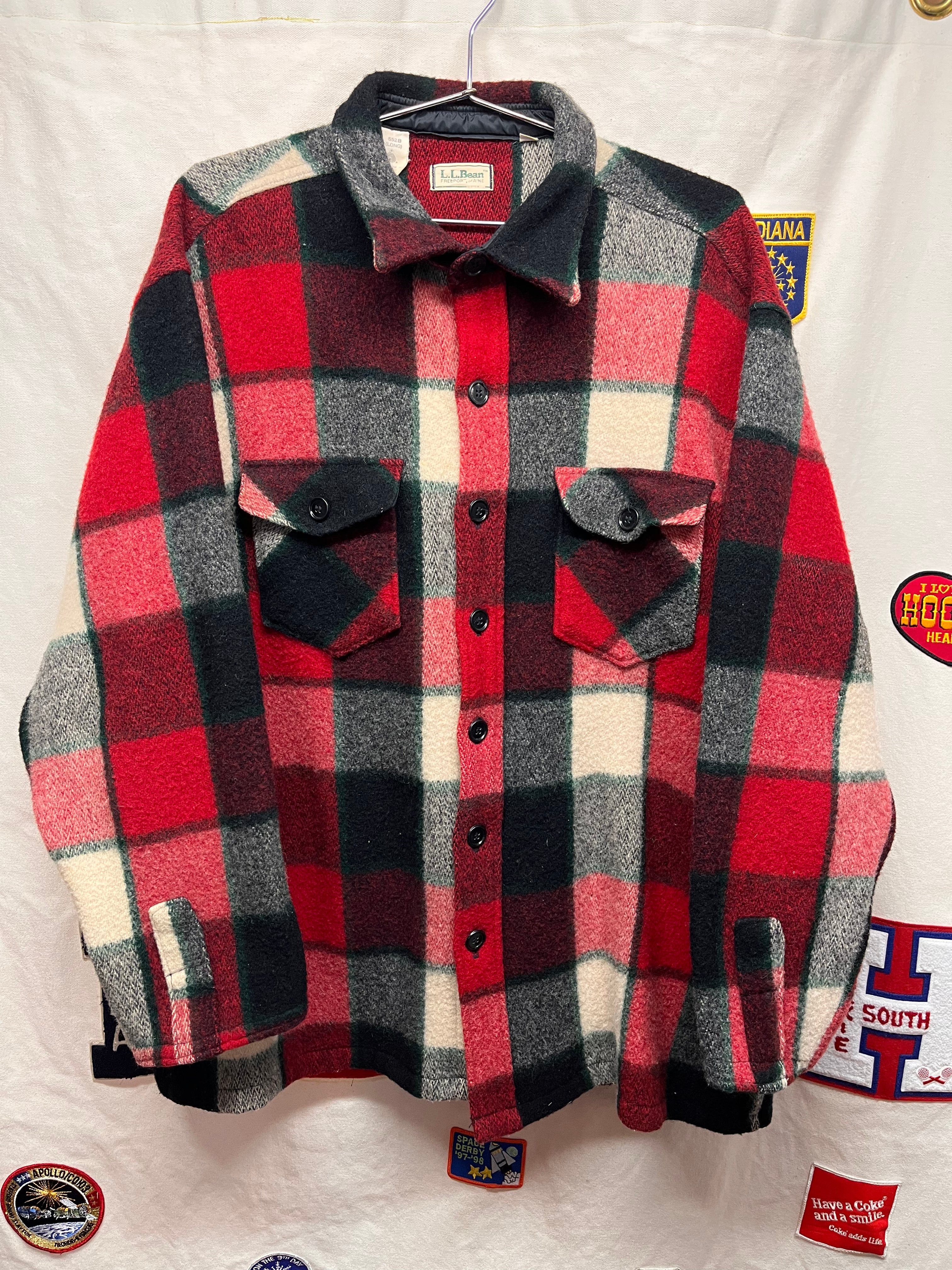 Vtg LL Bean 70's Wool Plaid Thick Red Black Flannel Button Up Shirt: XXL