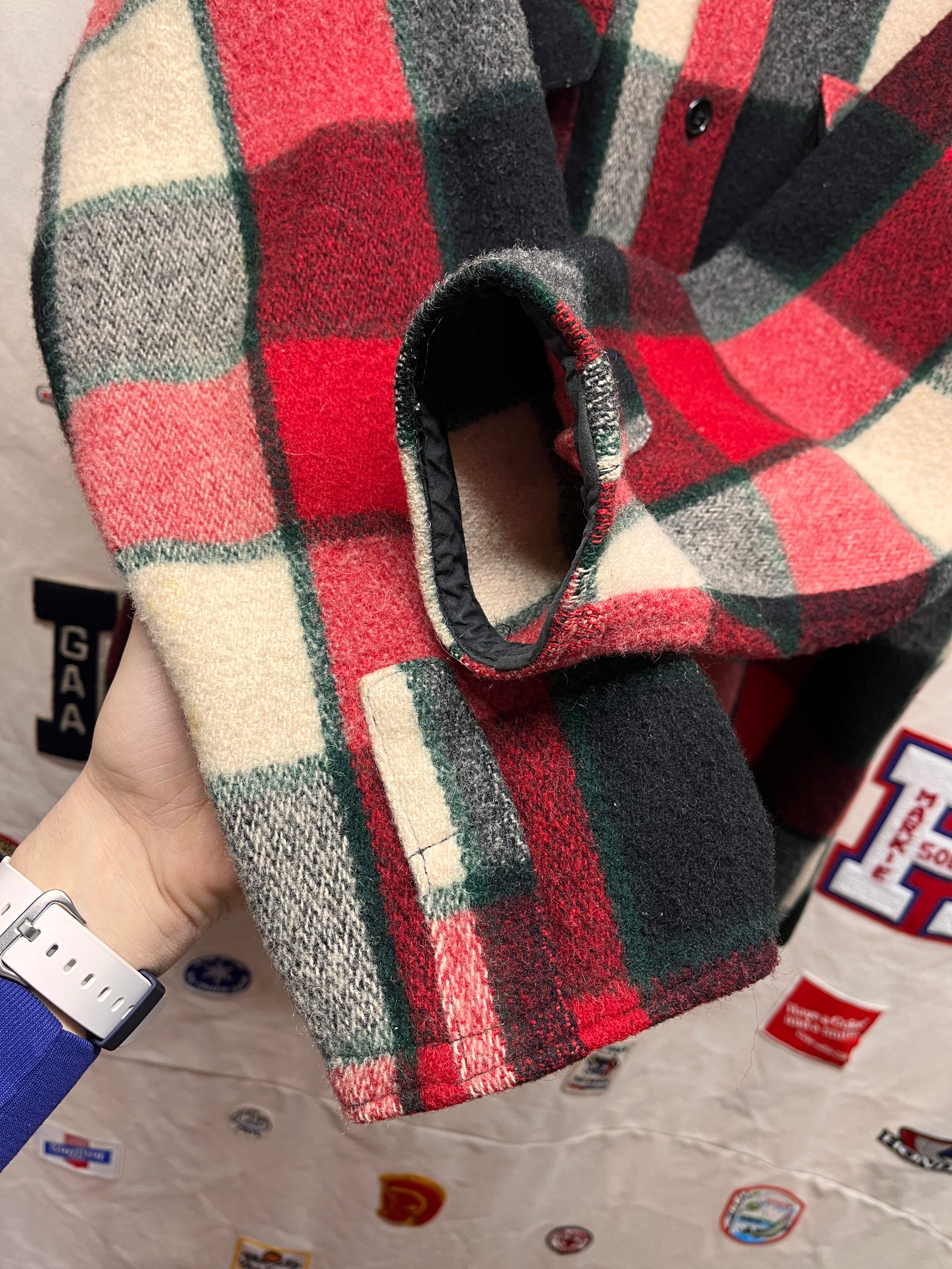 Vtg LL Bean 70's Wool Plaid Thick Red Black Flannel Button Up Shirt: XXL