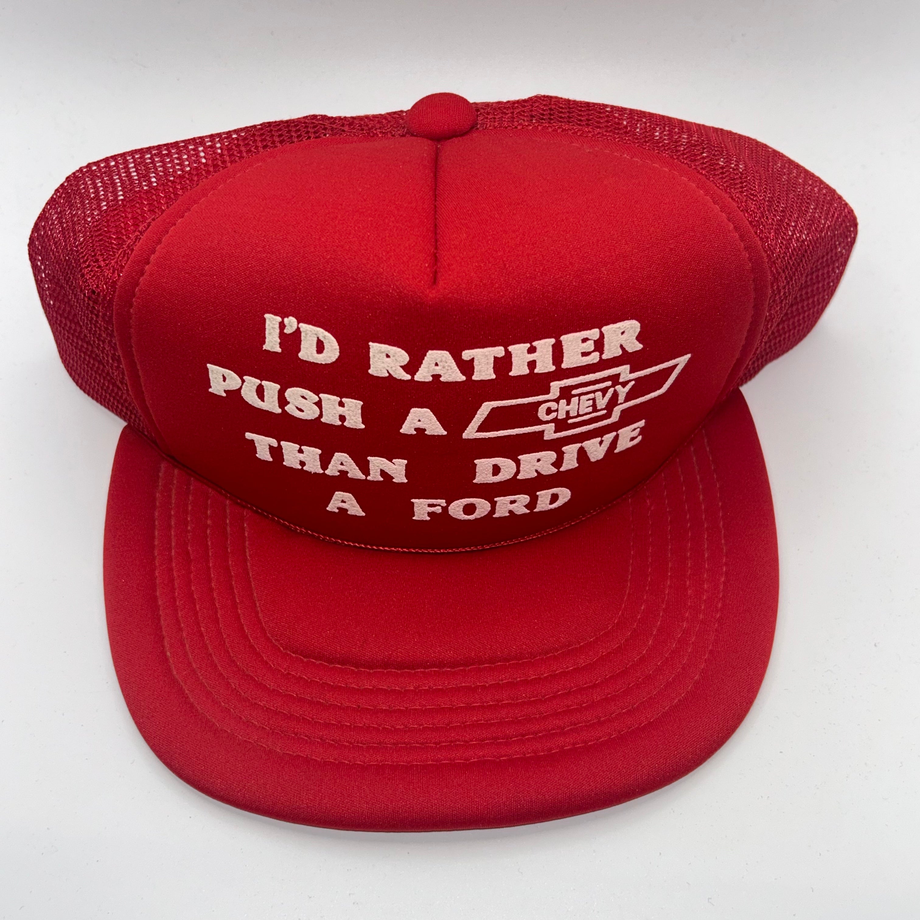 Vintage I'd Rather Drive A Chevy Than Push A Ford Trucker Mesh Red Snapback Hat