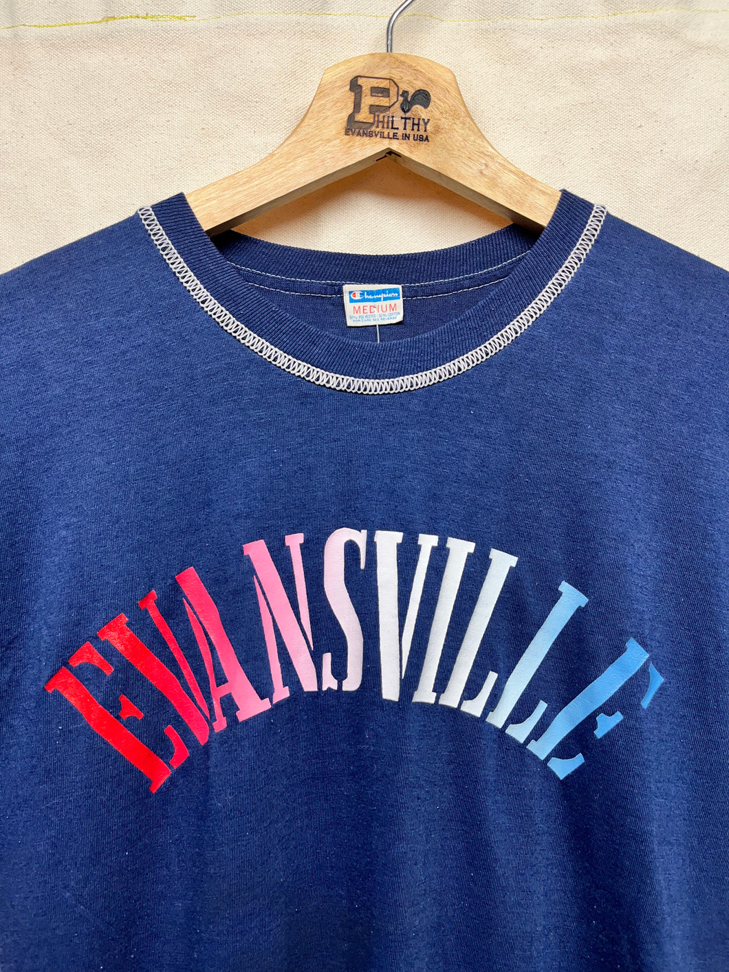 Vintage Evansville Gradient Print Champion Blue Bar T-Shirt: M