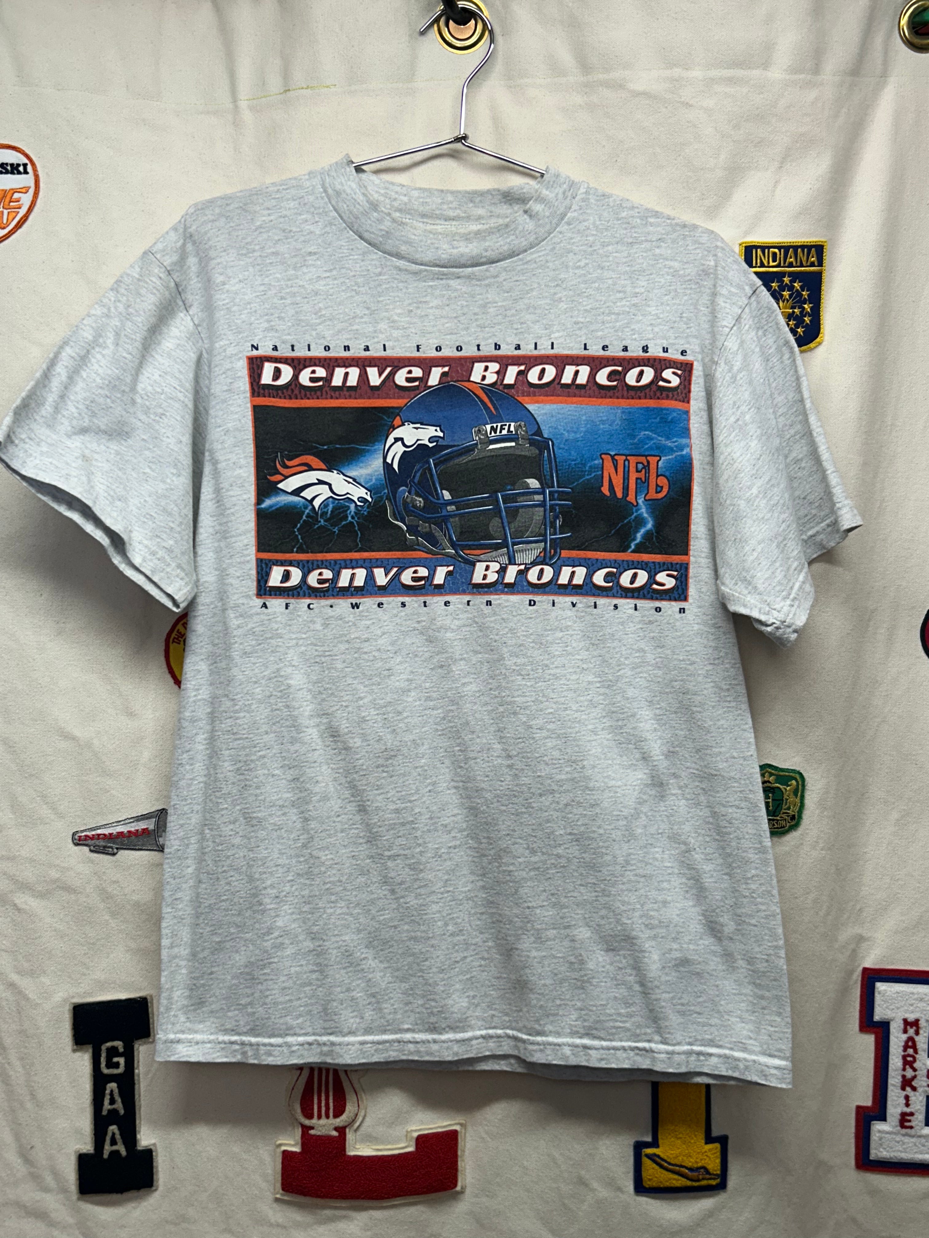 Vintage Denver Broncos NFL Y2K Logo 7 Helmet with Lightning Grey T-Shirt: L
