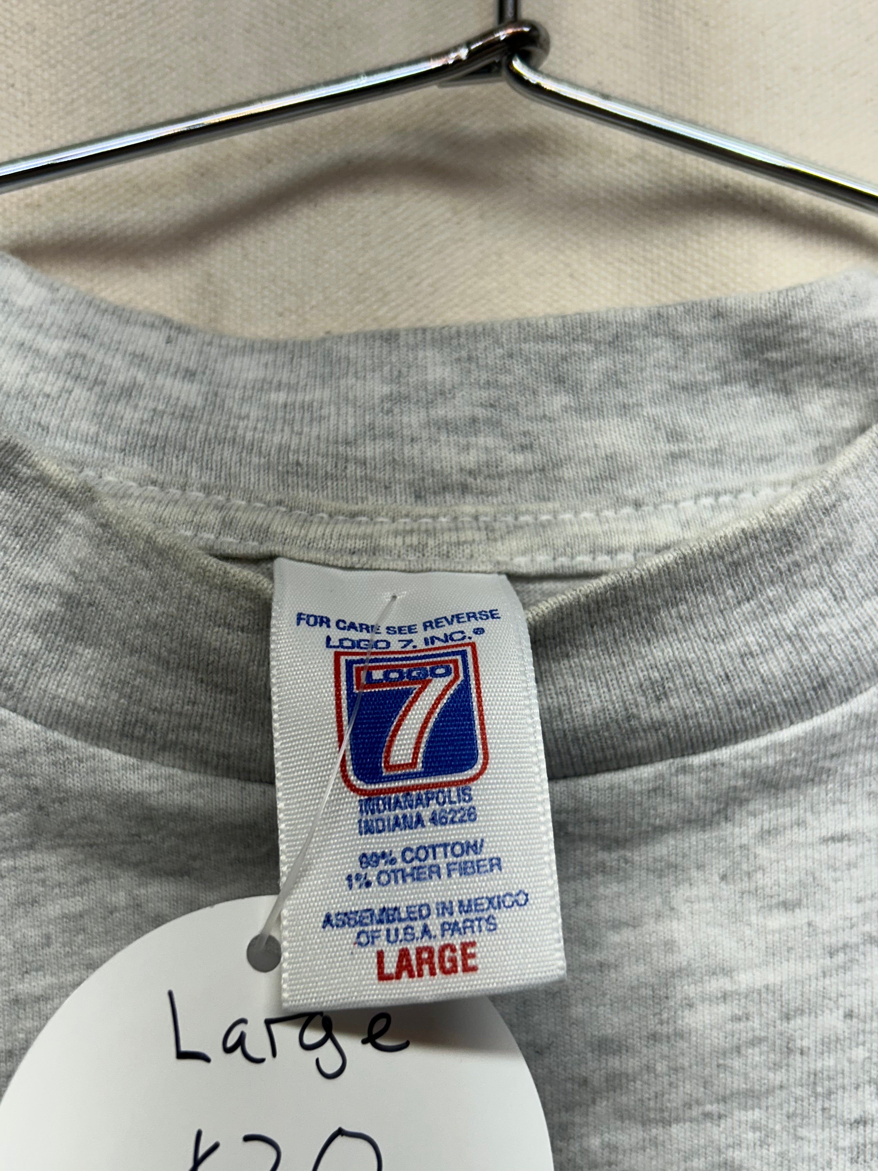 Vintage Denver Broncos NFL Y2K Logo 7 Helmet with Lightning Grey T-Shirt: L